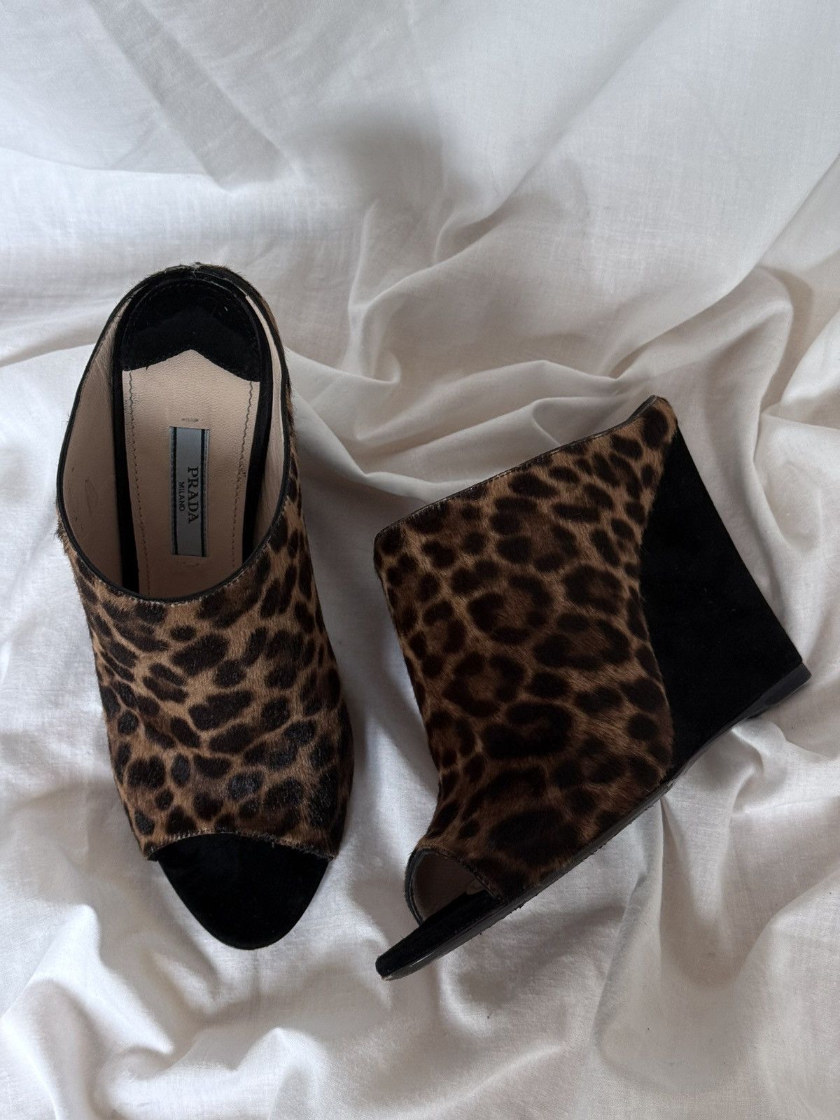 Prada Prada Leopard Print Pony Hair Open-Toe Mules on Wedges Size US 5 / IT 35 - 3 Thumbnail