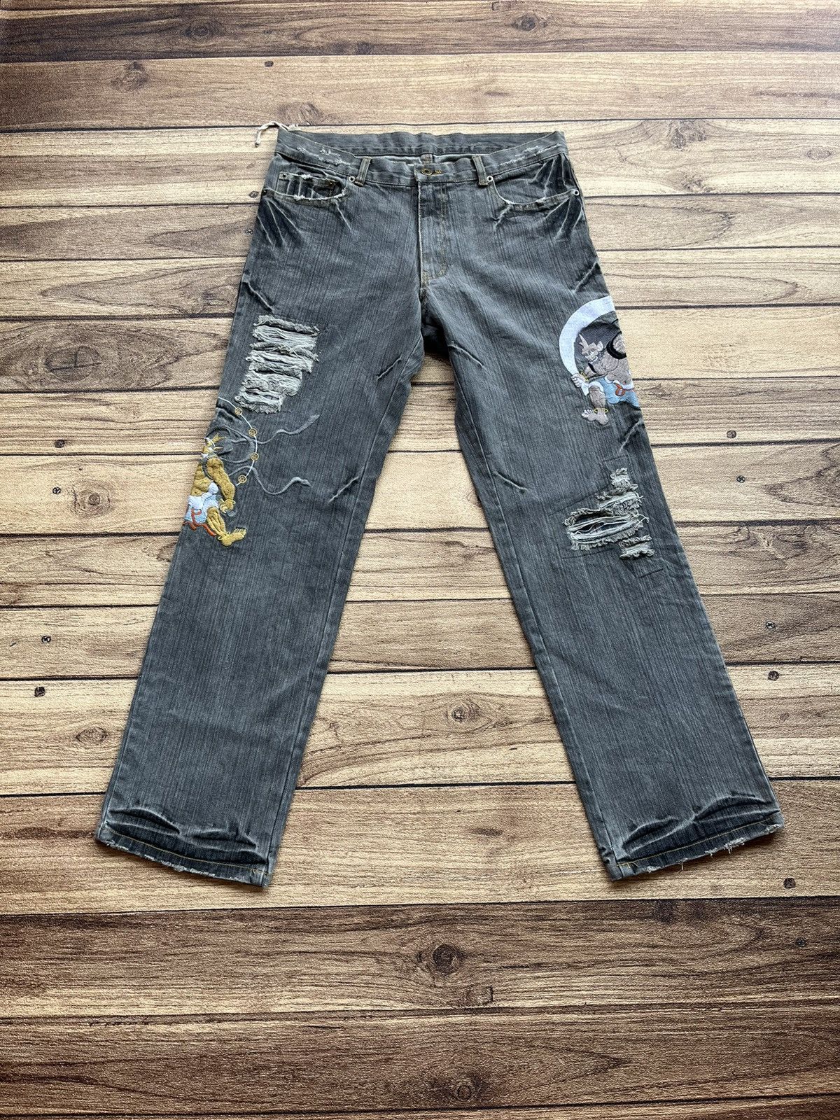 image of Avant Garde x If Six Was Nine Sukajan Distressed Denim Pants in Grey, Men's (Size 34)