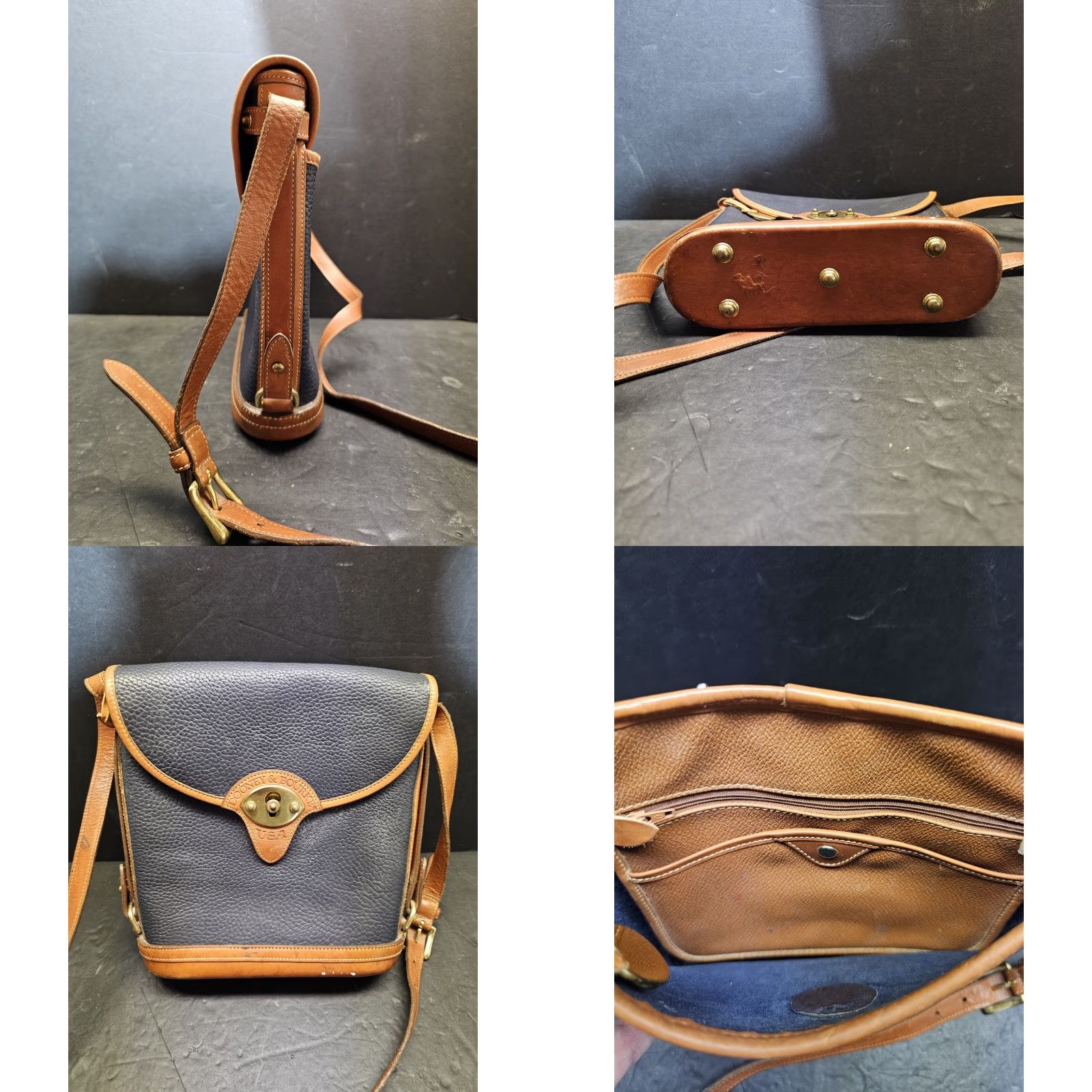 Dooney & Bourke VINTAGE Dooney & Bourke All Weather Leather Pebbled Finish Spectator Bag Navy Blue Bucket Bag Women Medium Brown Leather Strap 11" Gold Hardware Size ONE SIZE - 8 Thumbnail