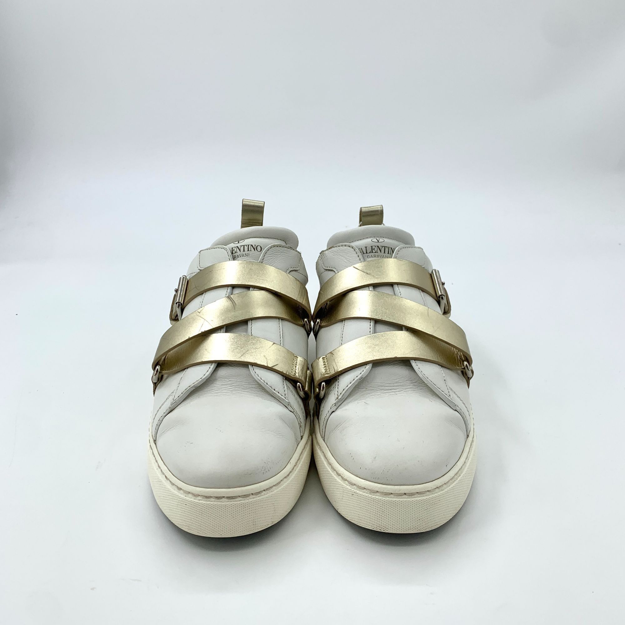 Valentino Valentino White & Gold Leather Studded Strap Sneakers Size US 7 / IT 37 - 3 Thumbnail