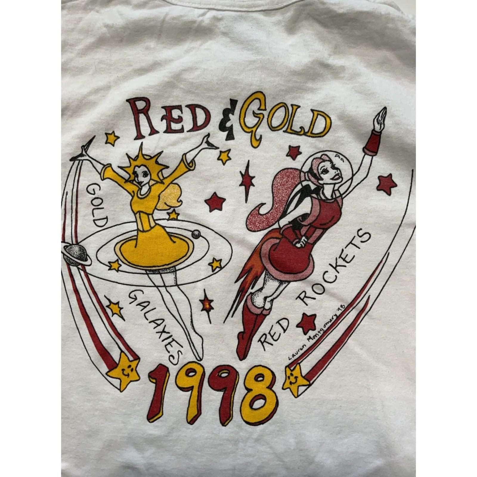 Fruit Of The Loom VINTAGE Lauren Montgomery Red Rockets & Gold Galaxies L/S Graphic T-Shirt M Mens Red 1998 Rocketeer T-Shirt Size US M / EU 48-50 / 2 - 2 Thumbnail