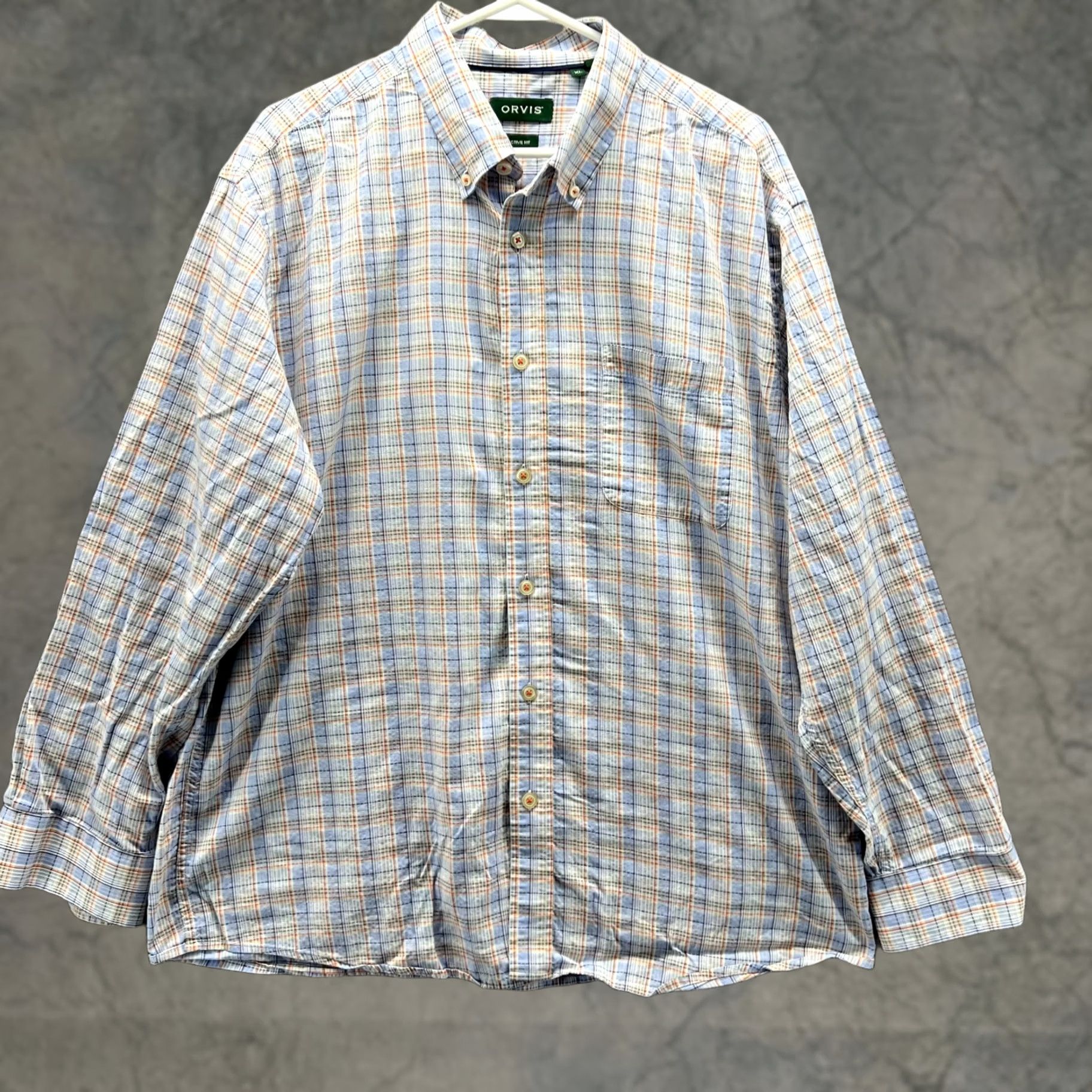 Orvis Orvis Shirt Mens XL Blue Button Down Active Fit Dress Plaid Classic Pocket Size 46R - 1 Thumbnail