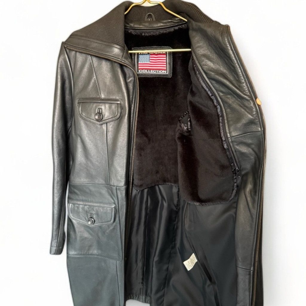 Vintage Long Leather Coat Knit Collar Vintage Black Large Unisex Size L / US 10 / IT 46 - 4 Thumbnail