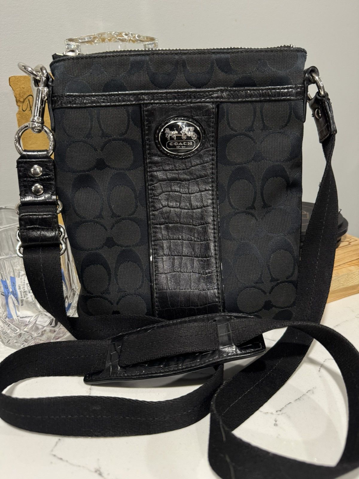 Coach Coach Black Signature Monogram Crossbody Bag w/ Croc Trim Size ONE SIZE - 1 Thumbnail