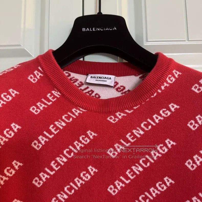 Balenciaga Balenciaga Red Full Print Logo Knit Sweater Size US XS / EU 42 / 0 - 6 Thumbnail