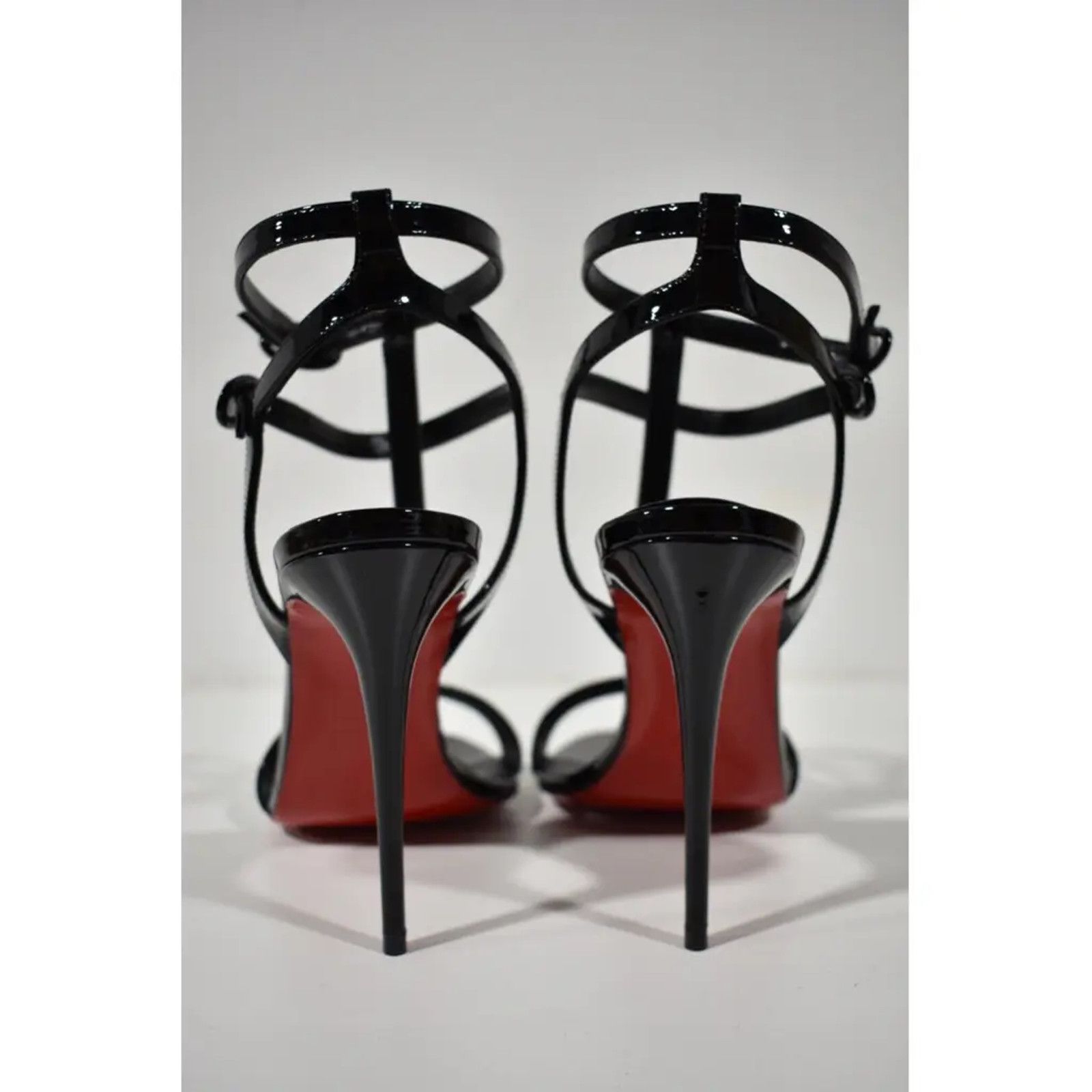 Christian Louboutin Mara 100 Black Patent Sandal Ankle Strap Open Heel Pump 39 Size US 9 / IT 39 - 10 Thumbnail