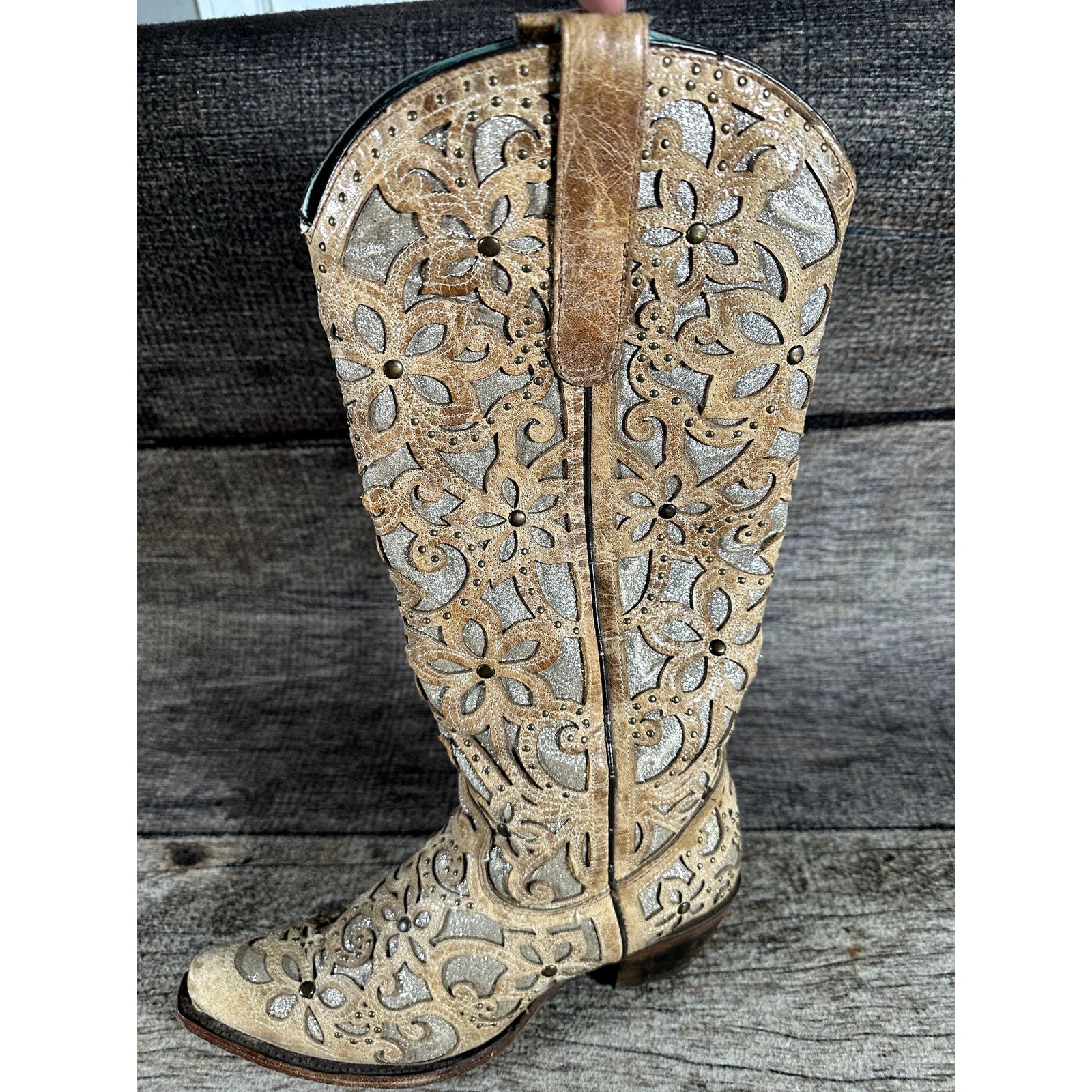 Corral Corral Ladies Sand Brown Glitter Inlay Studs Knee Boots 9.5 Size US 9.5 / IT 39.5 - 5 Thumbnail
