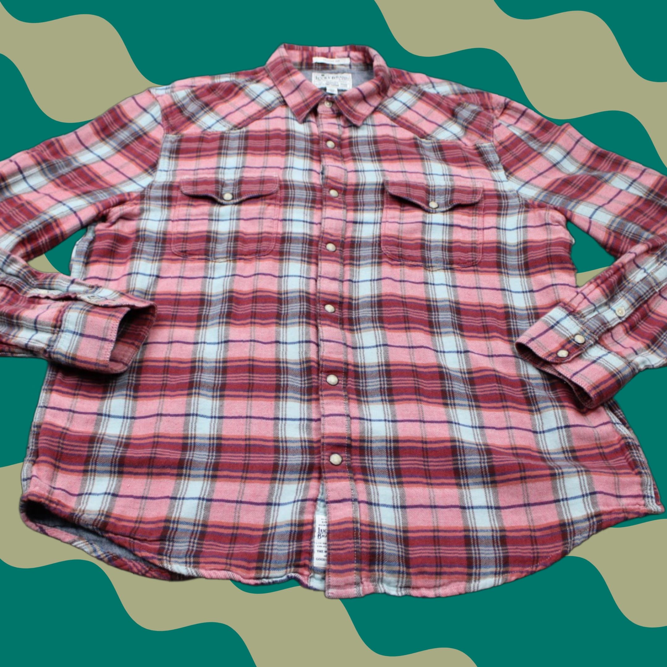 Lucky Brand Lucky Brand Button-Up Shirt Adult Large Red/Blue Plaid Cotton Pearl Snap Western Casual Business Formal Workwear Mens L Size US L / EU 52-54 / 3 - 1 Thumbnail