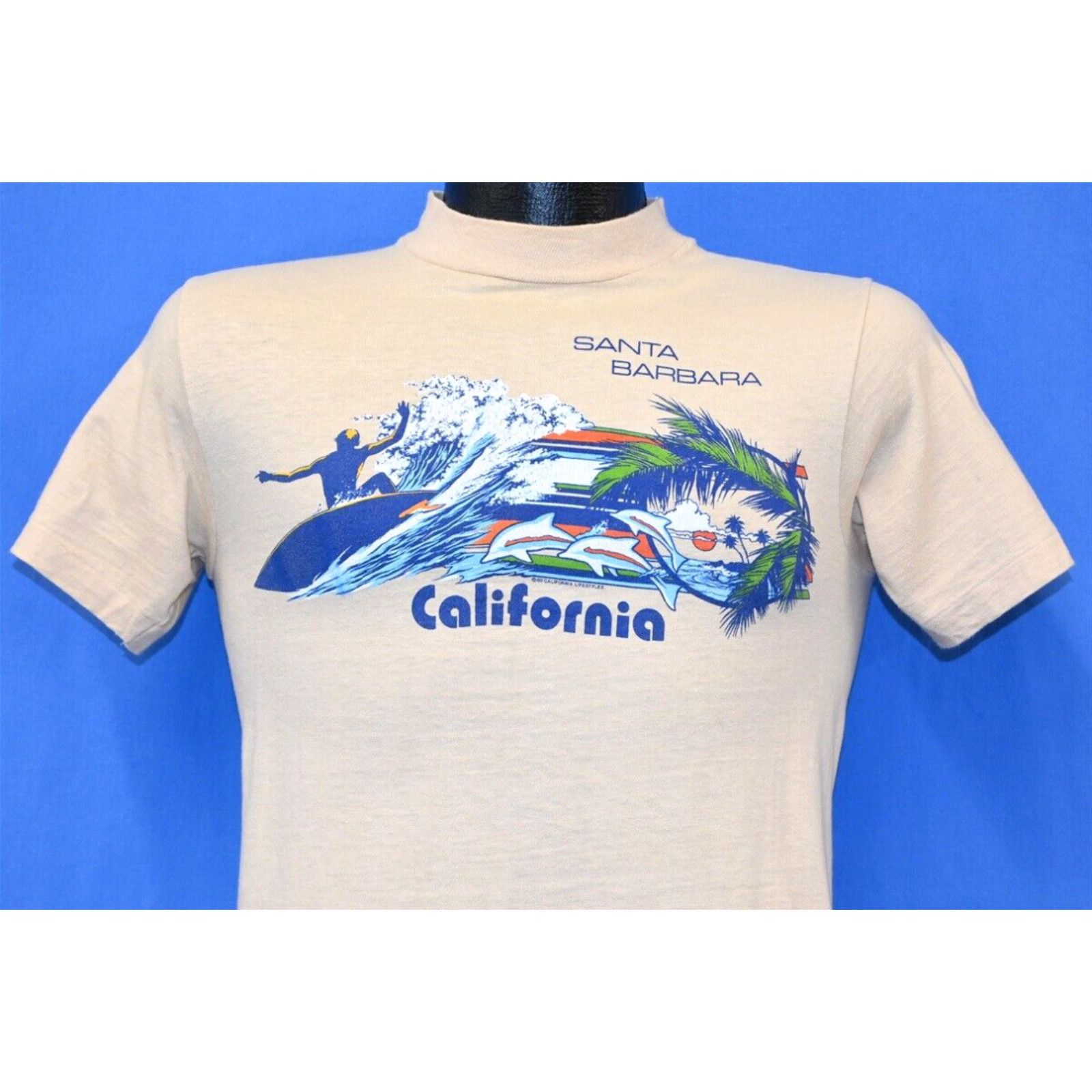 image of Hanes VTG 70's Santa Barbara California Surf Ocean Wave Shark Tourist T-Shirt Small S in White, Men