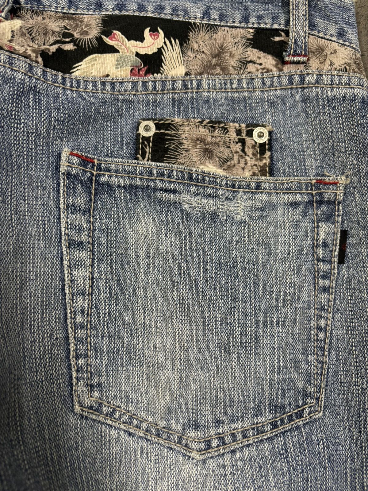 Karakuri Tamashii Vintage Japanese Brand Floral Whisker Baggy Distressed Jeans Size US 33 - 11 Thumbnail