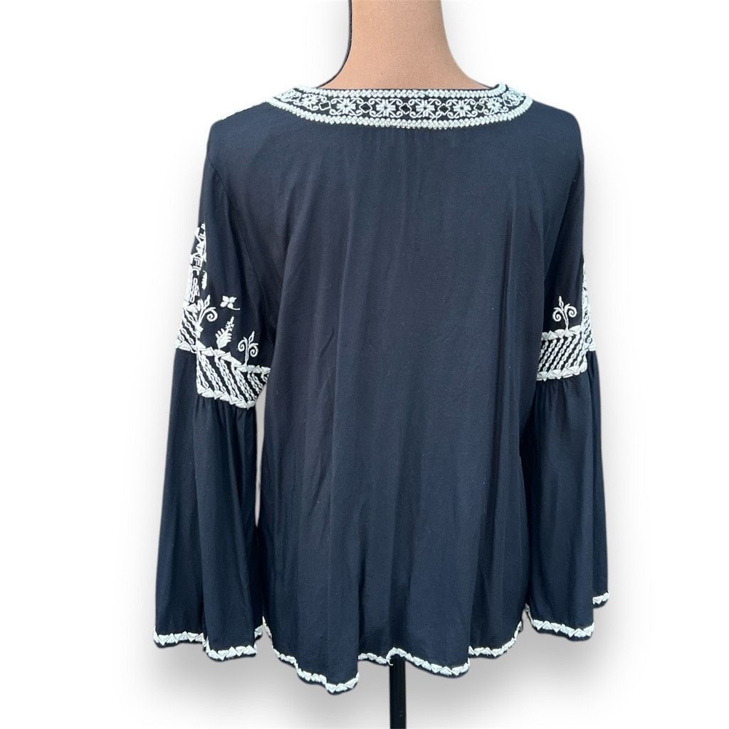 Chelsea Soccer Chelsea & Theodore Black Beige Embroidered Boho Bell Sleeve Size M / US 6-8 / IT 42-44 - 5 Thumbnail