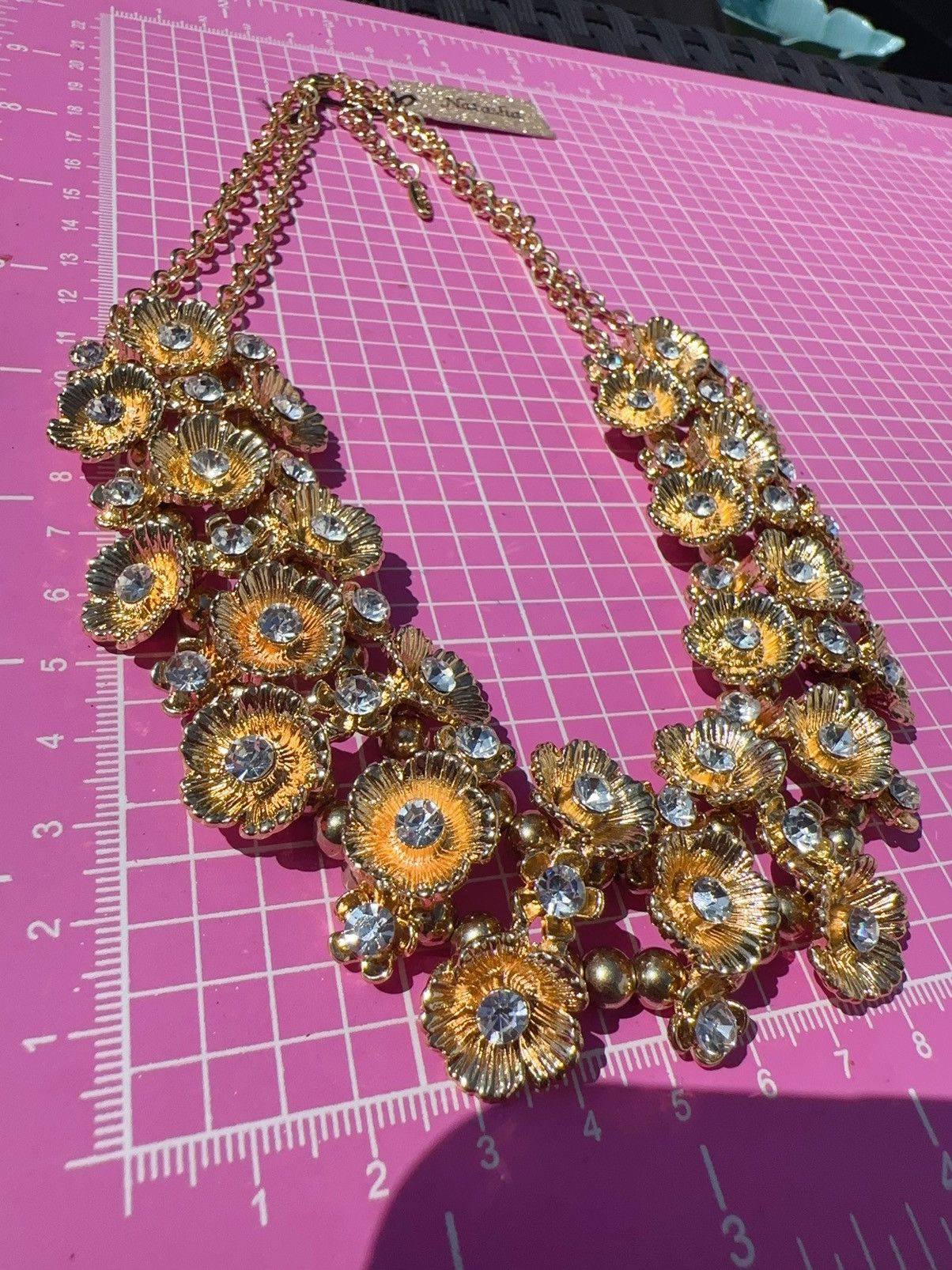 Designer Natasha gold tone flower with crystal Statement Adjustabl Size ONE SIZE - 3 Thumbnail