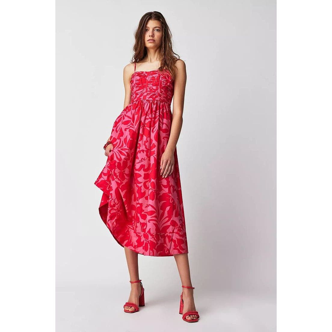 image of New Free People Shona Joy Antonia Ruched Midi Dress $365 in Pink/Red, Women's (Size Small)