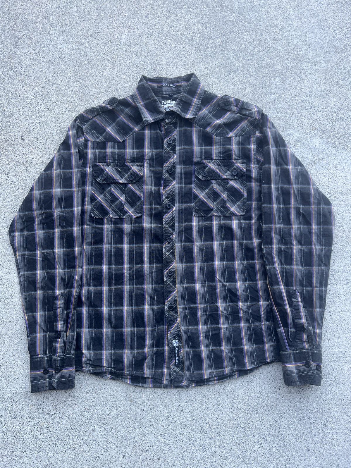 Affliction × Chemistry × Southpole Vintage Y2K Southpole Black/Purple/Yellow Plaid Flannel Sz L Size US L / EU 52-54 / 3 - 1 Thumbnail