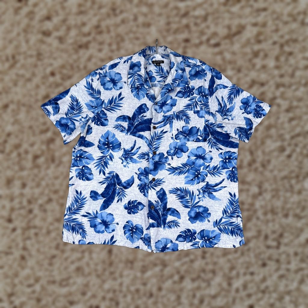 George George Shirt Men Extra Large Blue Floral Palm Leaf Hawaiian Pocket 100% Rayon Size US XL / EU 56 / 4 - 1 Thumbnail