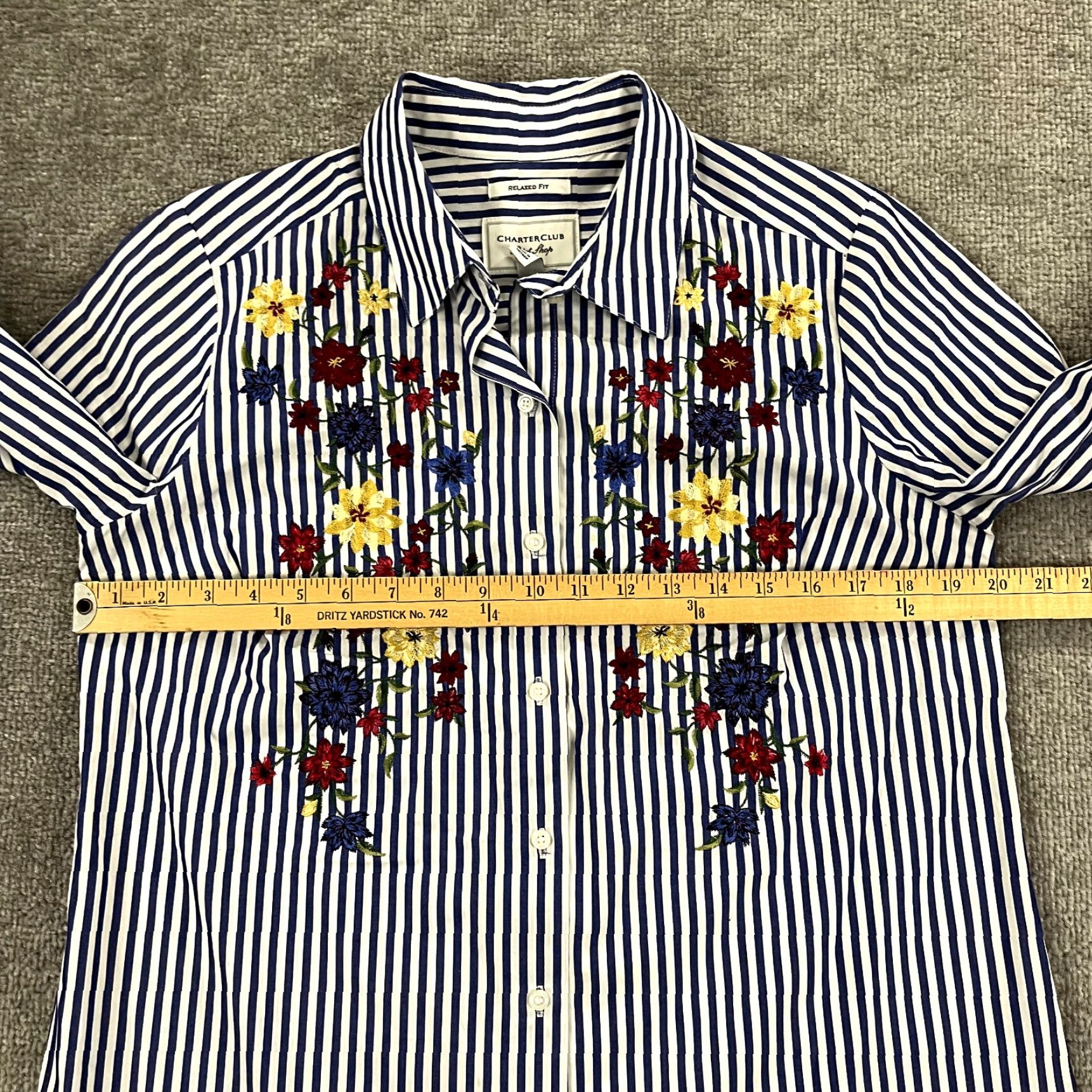 Charter Club VINTAGE Charter Club Shirt Women Size 6 White Blue Striped Stitched Floral Button-Up Top Size M / US 6-8 / IT 42-44 - 5 Thumbnail