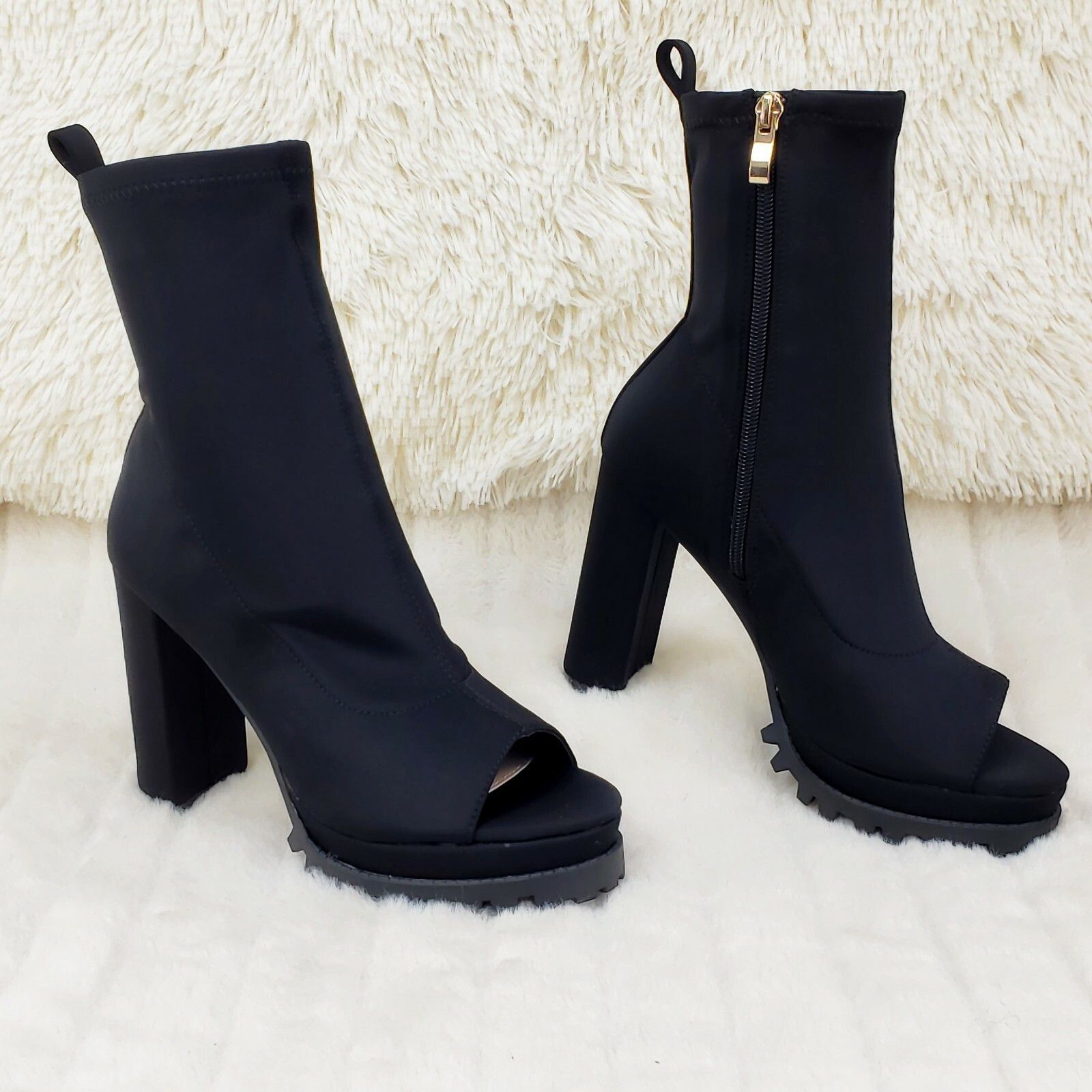 Other Natalie Black Chunky Heel Stretch Open Toe Lug Sole Ankle Bo Size US 7.5 / IT 37.5 - 2 Thumbnail