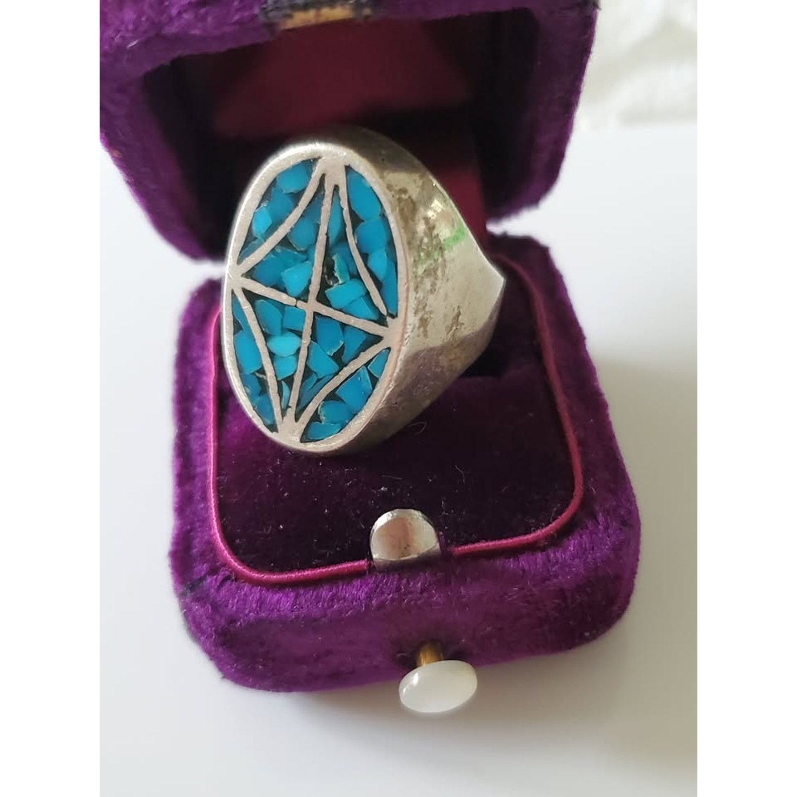 Other Vintage Silver-plate Turquoise Inlay Ring Size ONE SIZE - 2 Thumbnail