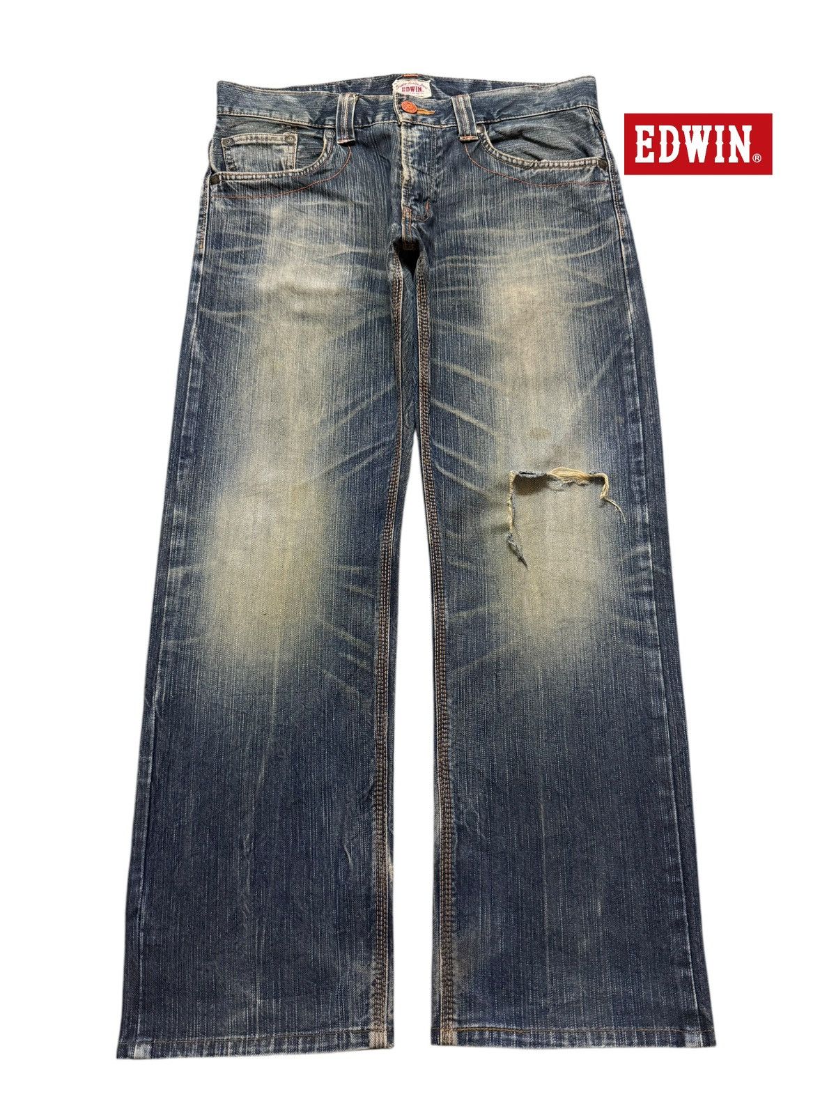 Edwin Vintage 90s Edwin XV Mud Wash Whiskers Distressed Wide Leg Size US 34 / EU 50 - 1 Thumbnail