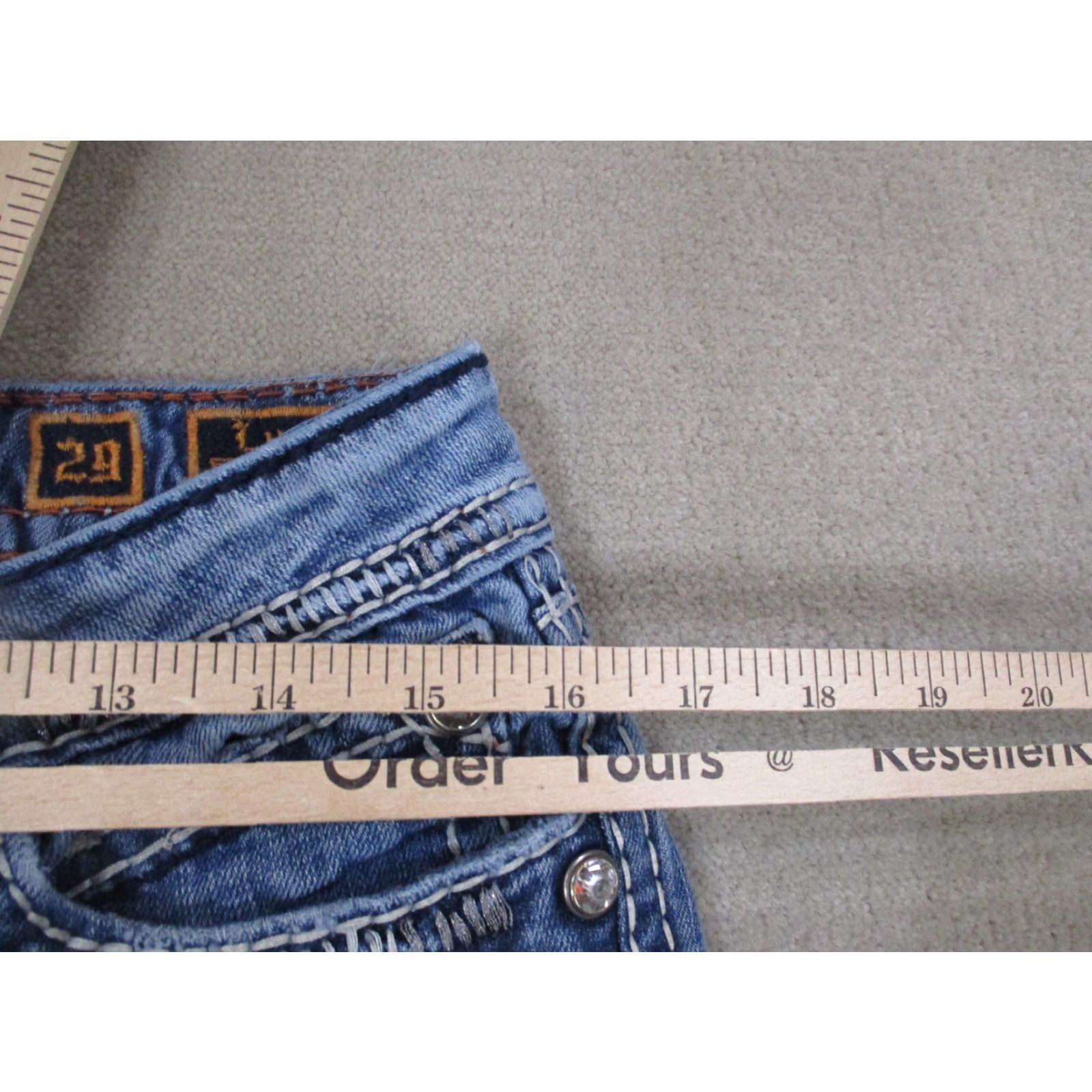 Vintage Rock Revival Jeans Womens 29 Blue Bootcut Medium Wash Rhinestones Logo Pockets Regular Denim Cotton Vintage No Size 29" - 6 Thumbnail