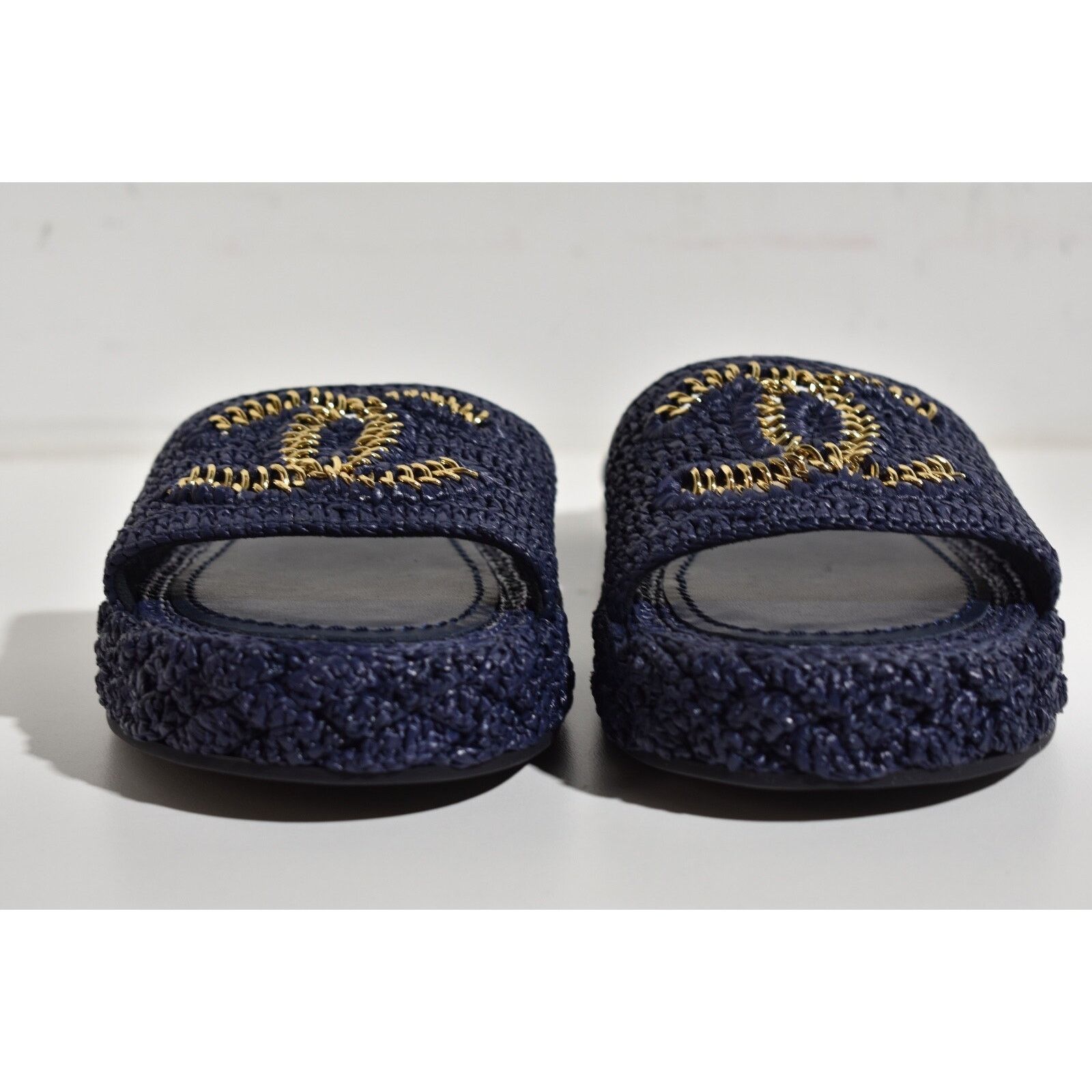 Chanel Chanel 21C Navy Blue Cord Gold Chain CC Logo Mule Slide Size US 7 / IT 37 - 6 Thumbnail