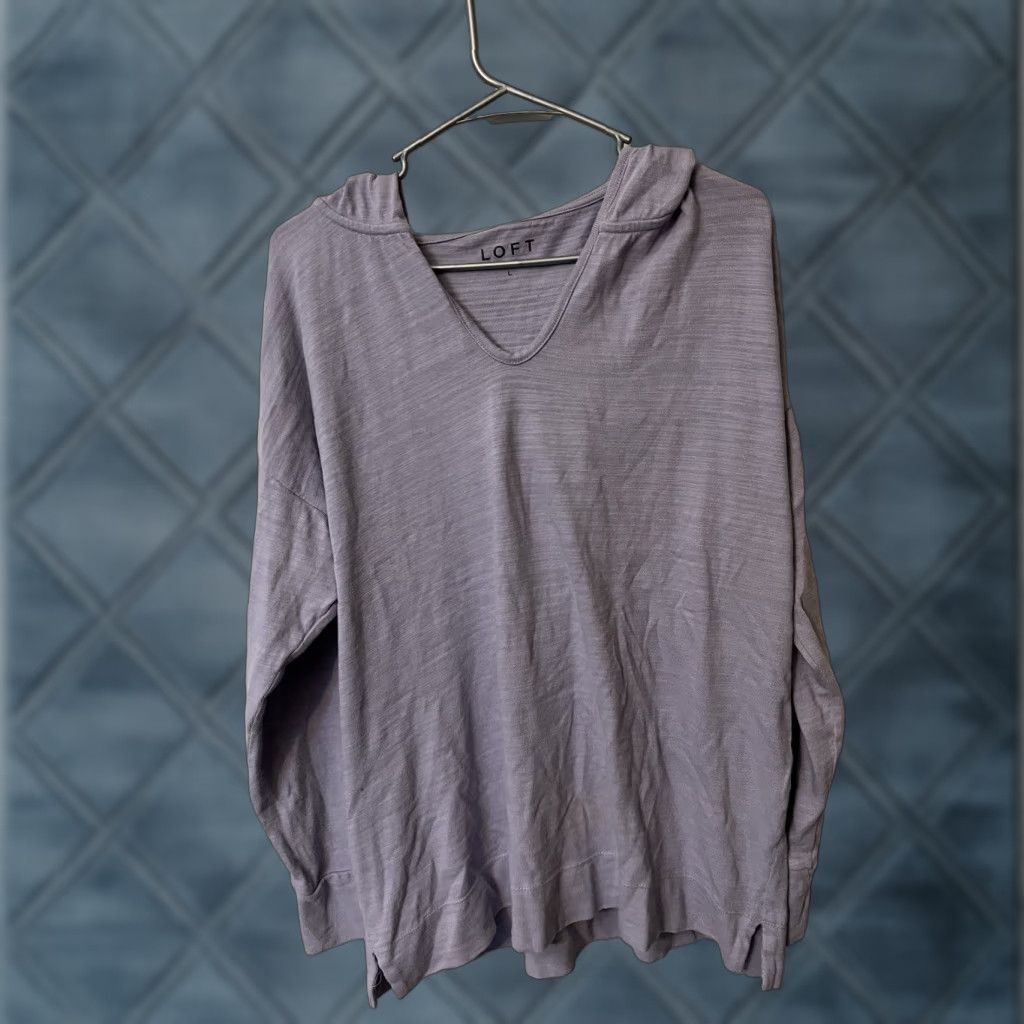 Loft LOFT Hoodie Womens Large Purple V Neck Lightweight Hooded Top Casual Pullover Knit 100% Cotton Size L / US 10 / IT 46 - 1 Thumbnail