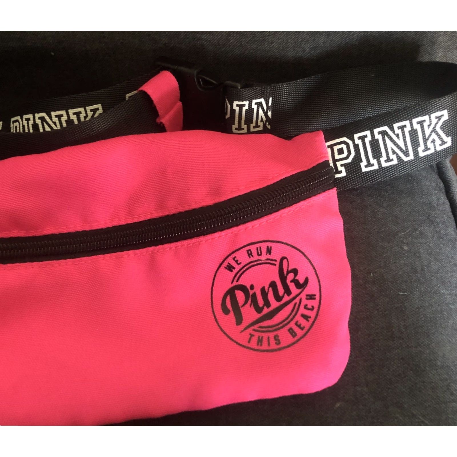 Victoria's Secret VINTAGE Victoria’s Secret PINK Fanny Pack Belt Bag We Run This Beach Small Black Pink Canvas Belt Bag & Fanny Pack Women Boys Girls Size ONE SIZE - 3 Thumbnail