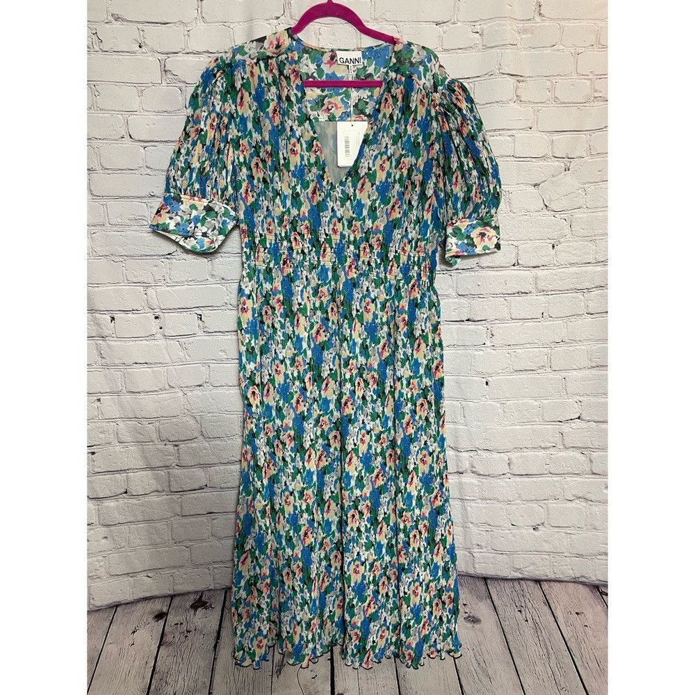 Ganni NWT New $325 GANNI Multicolor V-Neck Midi Floral Azure Blue Size L / US 10 / IT 46 - 2 Thumbnail