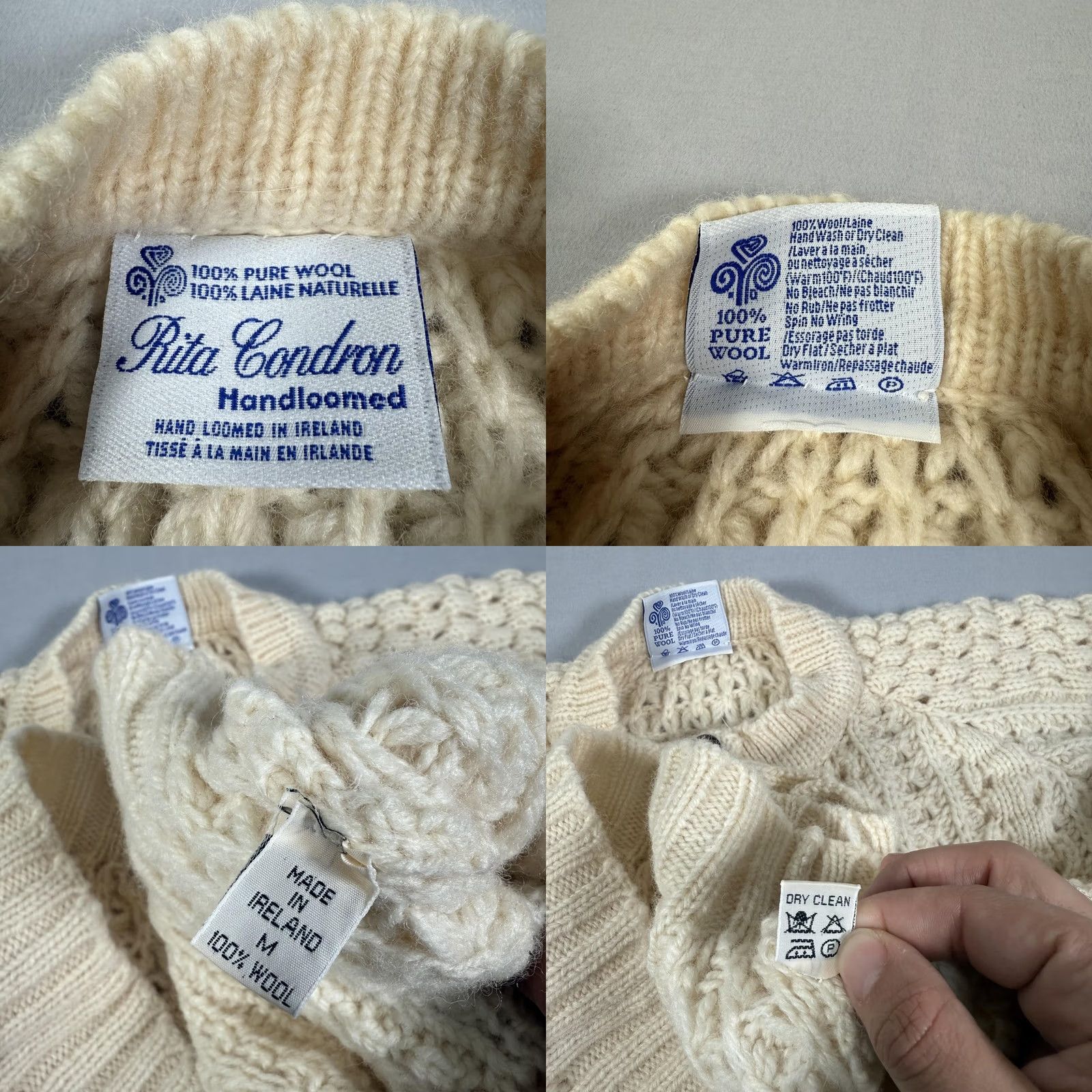 Vintage Rita Condron Cardigan Sweater Womens M White 100% Wool Aran Knit Ireland Button Front Mock Neck Raglan Sleeve Pockets Size M / US 6-8 / IT 42-44 - 8 Thumbnail