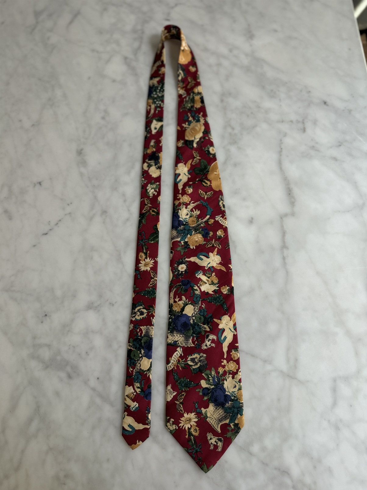 Moschino Vintage Moschino Burgundy Cherub Floral Silk Tie Couture Era Size ONE SIZE - 2 Thumbnail