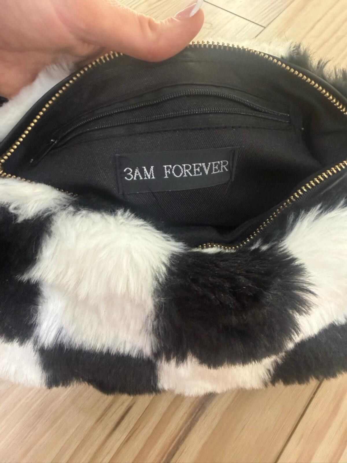 Other Faux Fur Checkerboard Crossbody Belt Bag - Black & White Size ONE SIZE - 2 Thumbnail