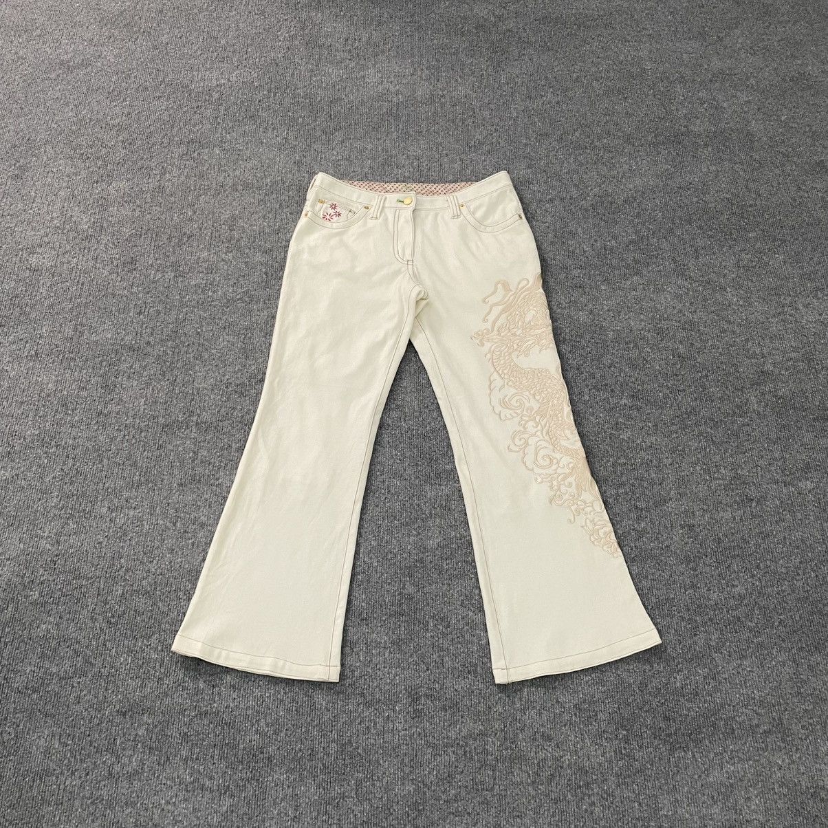 Womens Flare Pants Dragon Embroidery Sukajan Style