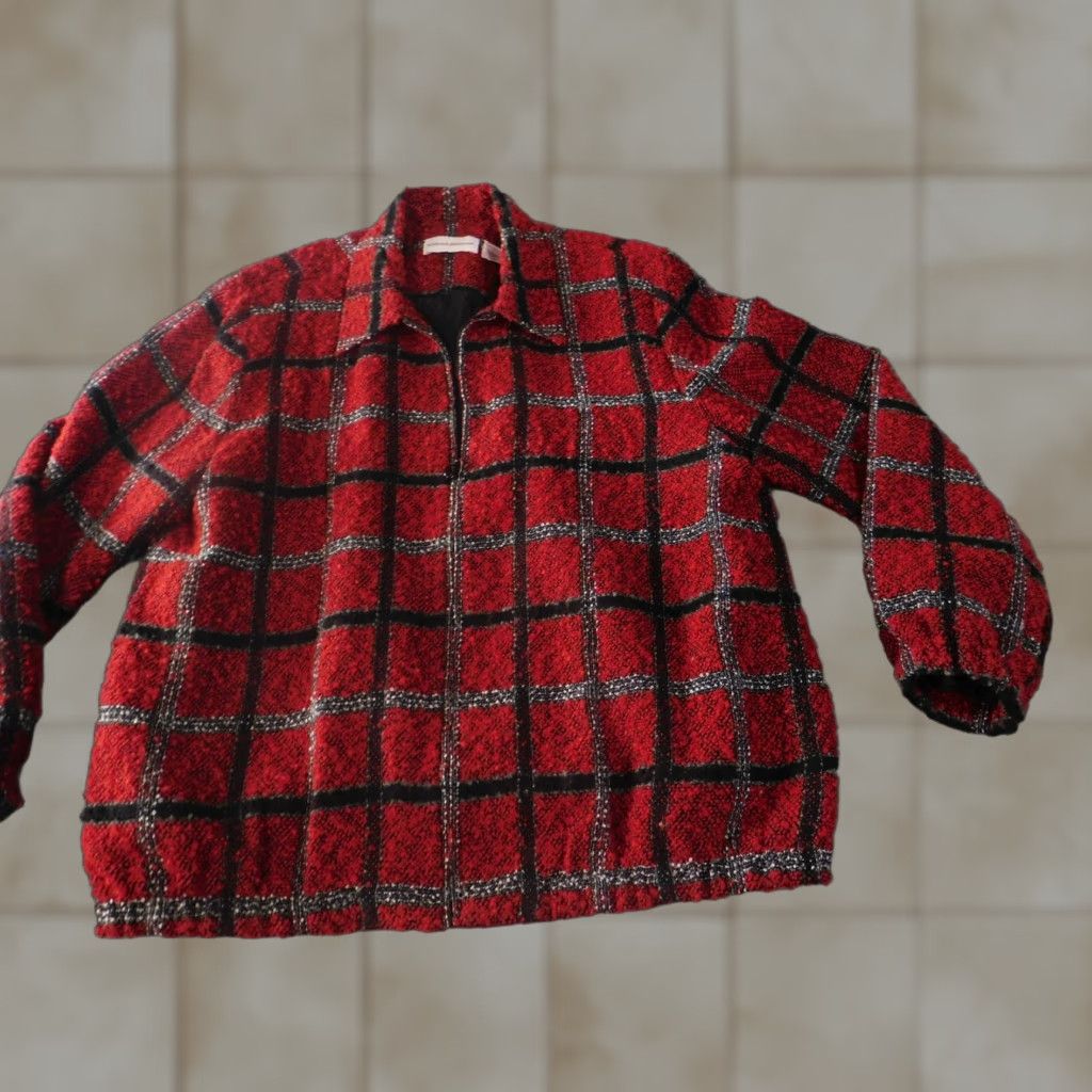 Vintage Alfred Dunner Jacket 14 Red Womens Plaid Zip Fuzzy Designer - Basic Jacket, Lightweight, Long Sleeve, Mid-Length, polyester, Dry Clean Only Size XL / US 12-14 / IT 48-50 - 1 Thumbnail