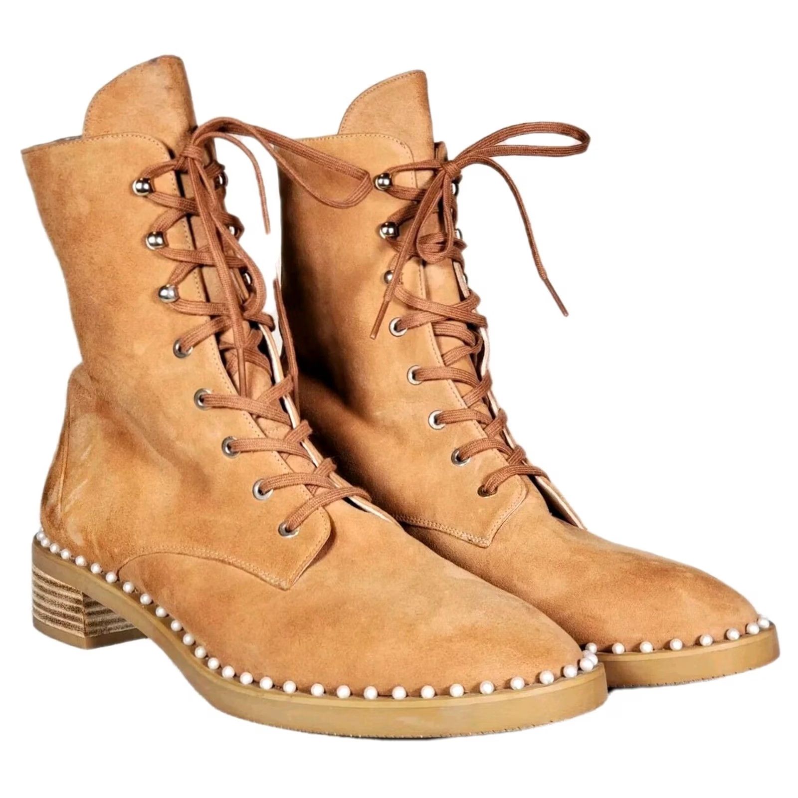 Stuart Weitzman Stuart Weitzman Sondra Pearl Embellished Suede Combat Boots Women's US 11.5 B Tan Leather Lined Lace Up Round Toe, Platform/City, EUC Size US 12 / IT 42 - 2 Thumbnail