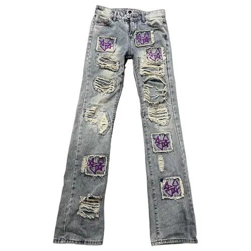 Heavy Star Heart Embroidered Double Patch Washed Jeans