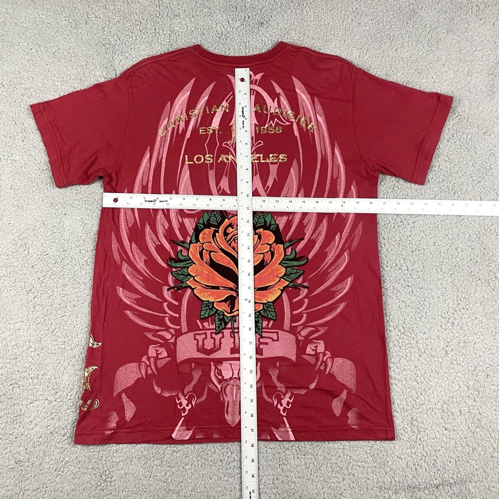 Vintage Christian Audigier T shirt Men’s L Red Short Sleeve AOP Gold Eagle Rose Rare* Size US L / EU 52-54 / 3 - 7 Thumbnail