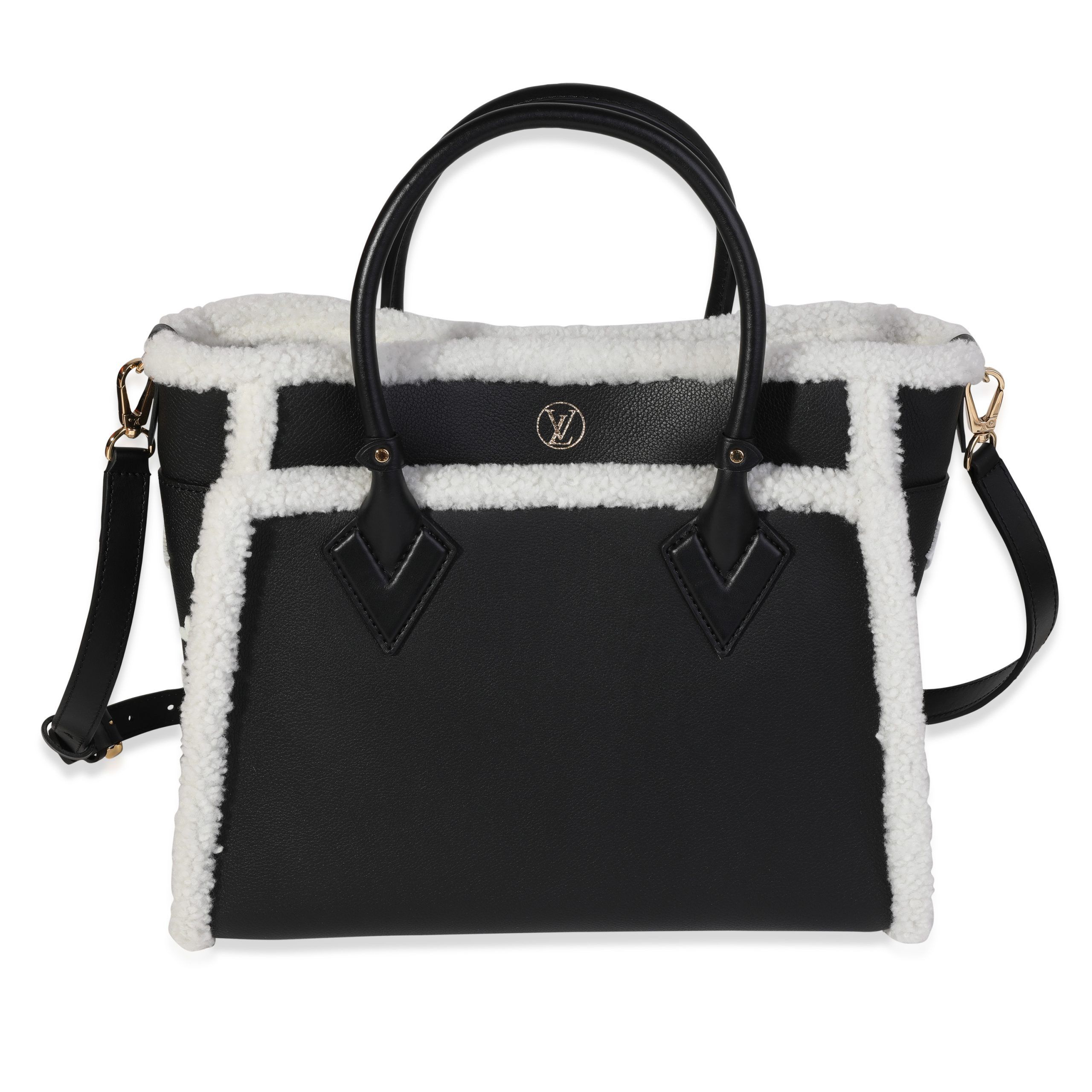 image of Louis Vuitton Black Grained Calfskin & White Shearling Monogram On My Side Mm, Women's
