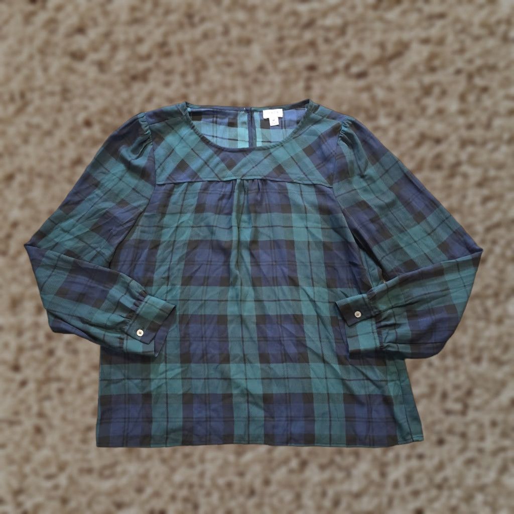 J.Crew J.CREW Blouse Shirt Womens M Green Blue Tartan Plaid Sheer Long Sleeve Casual Regular Fit Size M / US 6-8 / IT 42-44 - 1 Thumbnail