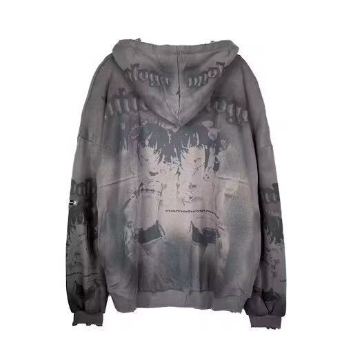 image of Vintage Anime Girls Distressed Zip Up Hoodie in Grey, Men's (Size XL)