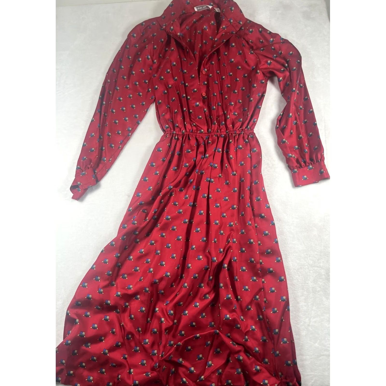 Vintage Frank Young Silk Shirt Dress Womens 6 Red Geometric Print Elastic Waist Buttons Size M / US 6-8 / IT 42-44 - 6 Thumbnail