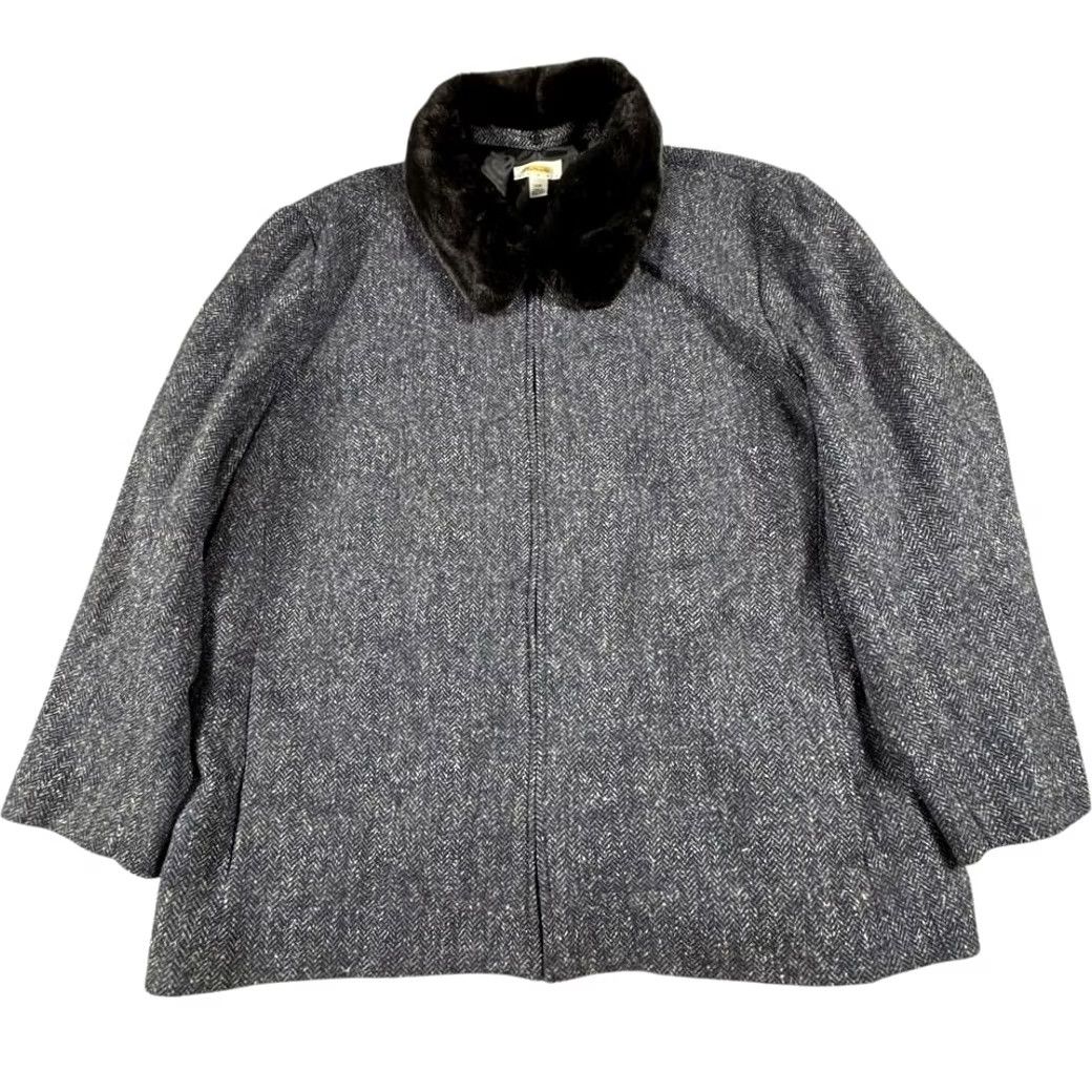 Talbots VINTAGE Talbots Wool Jacket Womens 22W Herringbone Silk Coat Faux Fur Retro Glam Jacket Coat Size 3XL / US 20-22 - 3 Thumbnail