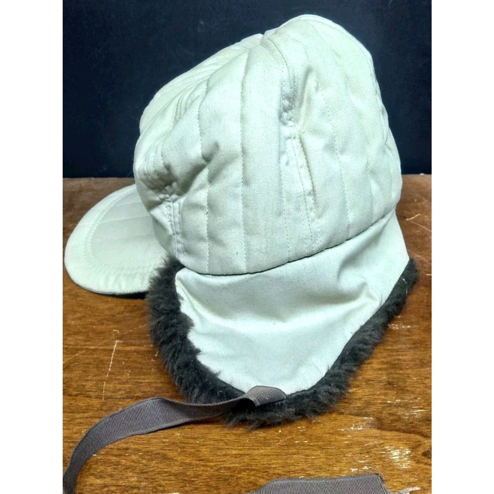 CO VINTAGE Langenberg Hat Co Trapper Hat Mens M Beige USA Made Quilted Twill Insulated Ear Flap Neck Flap Wide Brim Winter Workwear Travel Casual Mens Size ONE SIZE - 3 Thumbnail