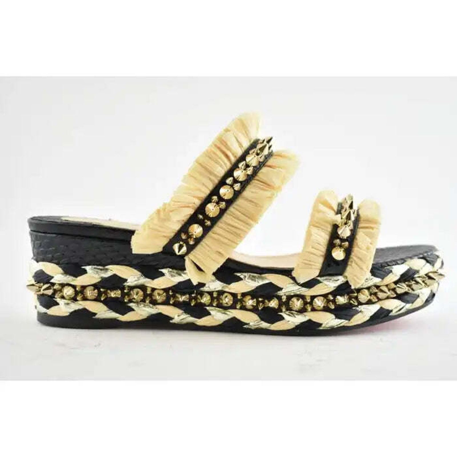 Christian Louboutin Voltinoudou 60 Black Raffia Wedge Slide Mule Sandal Heel 37 Size US 7 / IT 37 - 2 Thumbnail