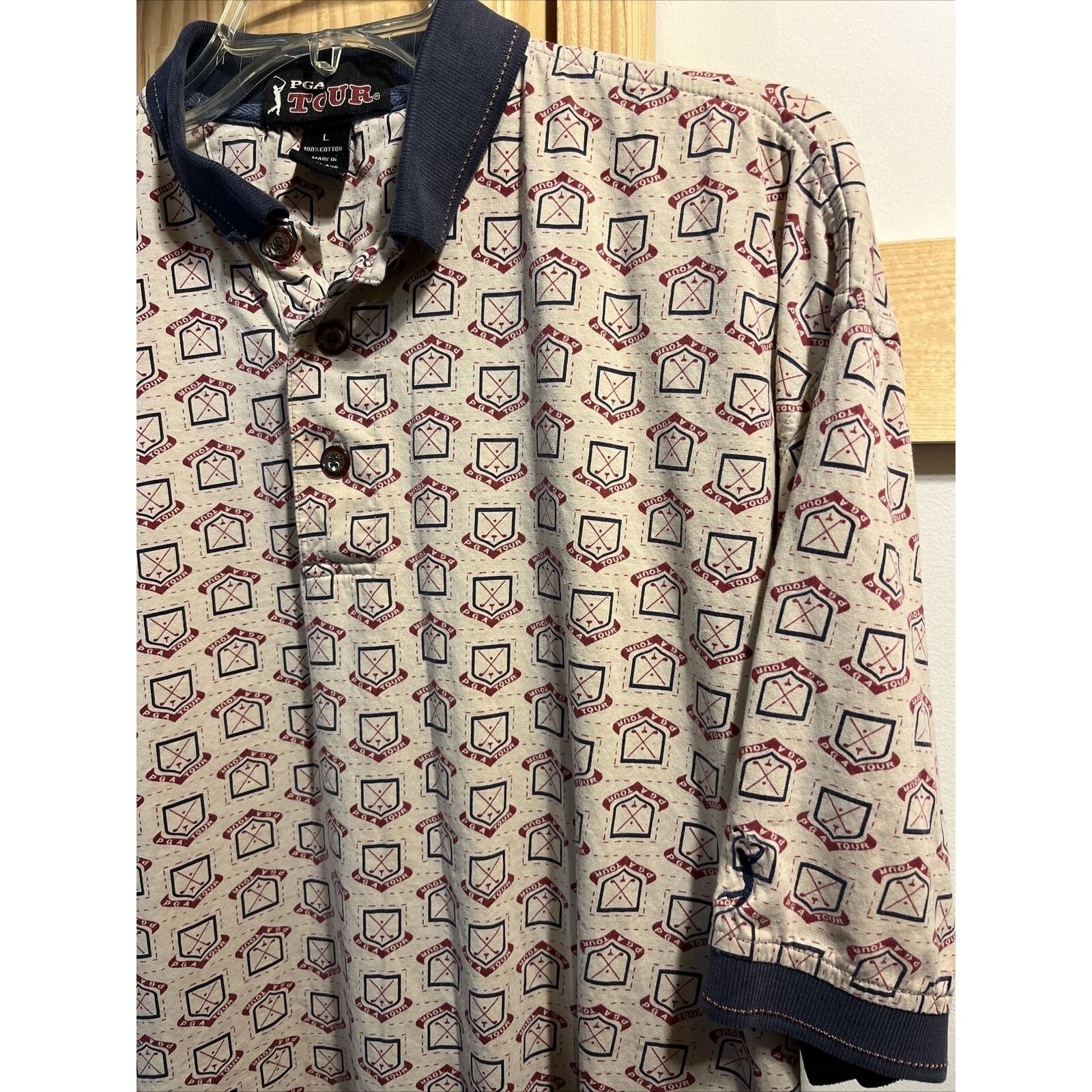 PGA Tour PGA Tour Men’s L Beige PGA Print Button Up Cotton Polo Shirt Size US L / EU 52-54 / 3 - 5 Thumbnail