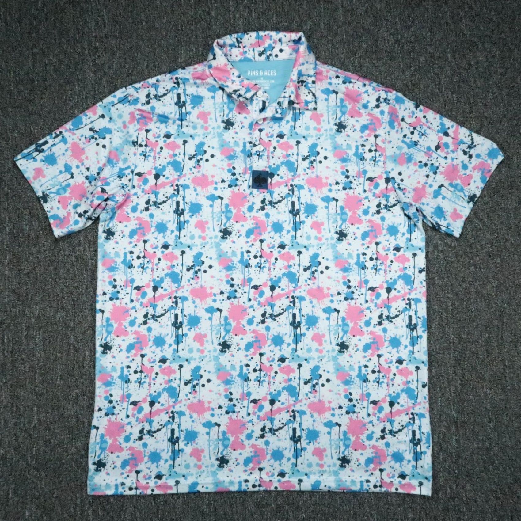 Vintage Pins & Aces Polo Shirt Mens XL White Blue Paint Splatter Print Short Sleeve Polo*/ Size US XL / EU 56 / 4 - 2 Thumbnail