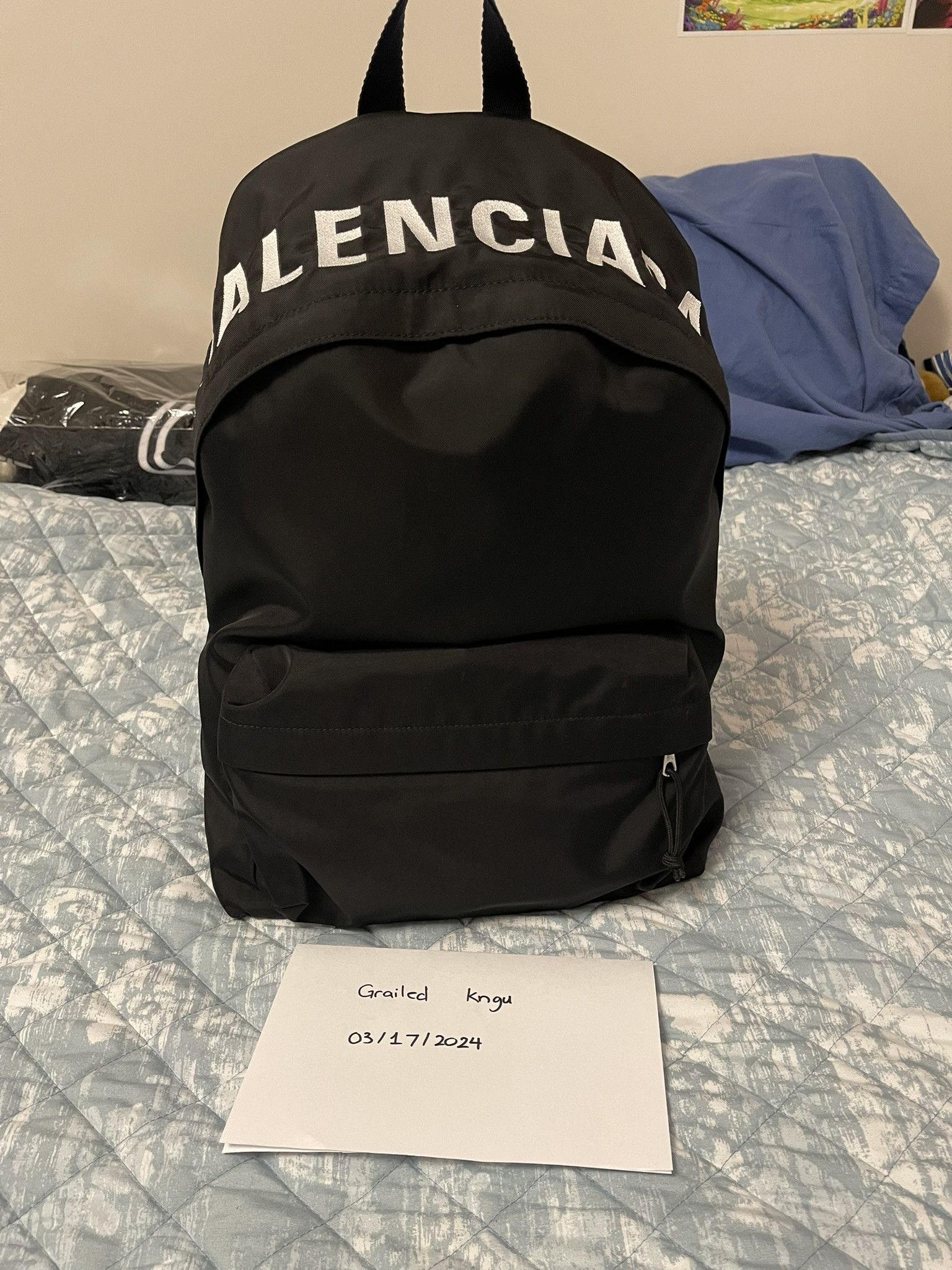 image of Balenciaga Wheel Logo Embroidered Explorer Backpack in Black, Men's