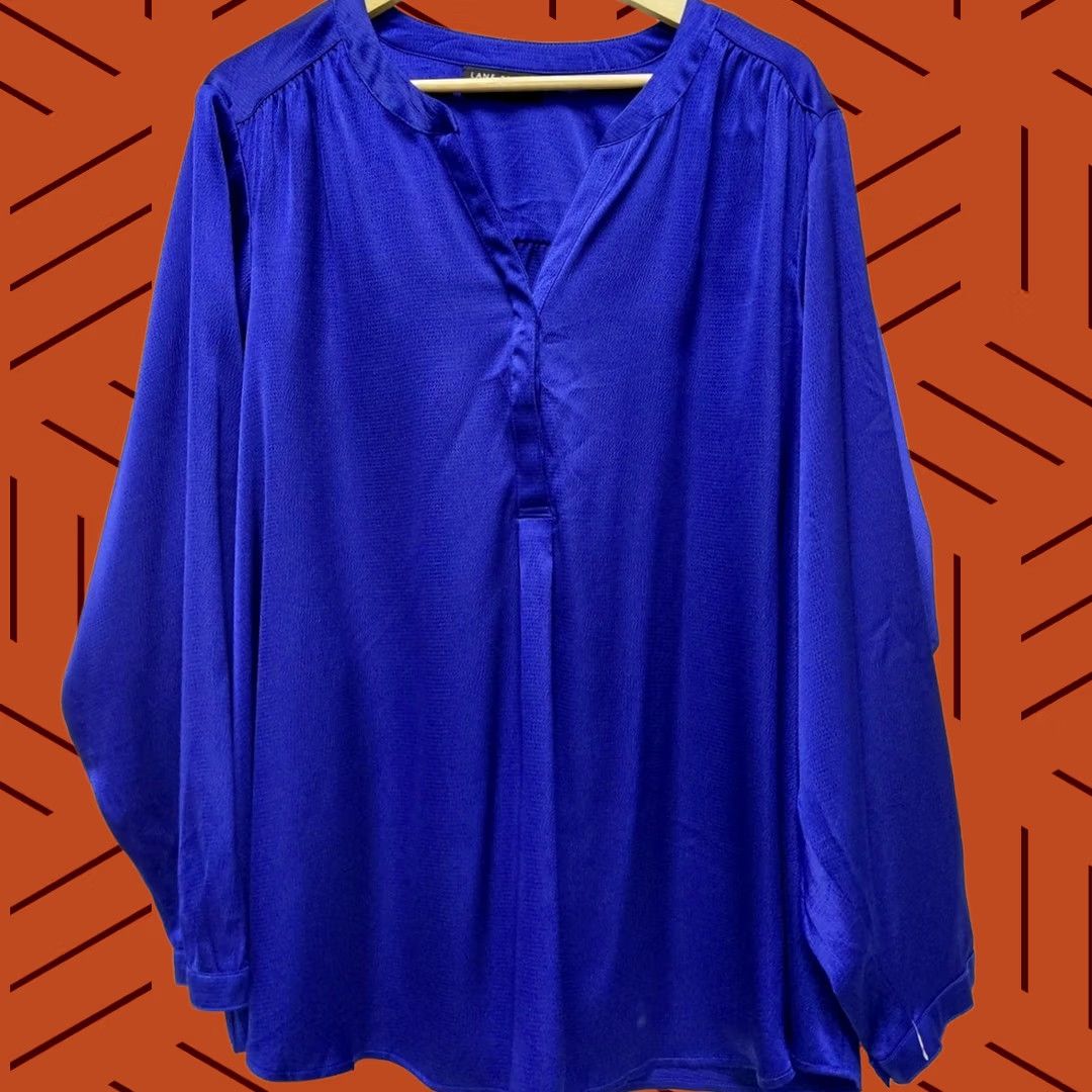 Vintage Lane Bryant Blouse Solid Knit Blue Plus Size 28 Long Sleeve V-Neck Women Shirt Standards Size 4XL / US 24-26 - 1 Thumbnail