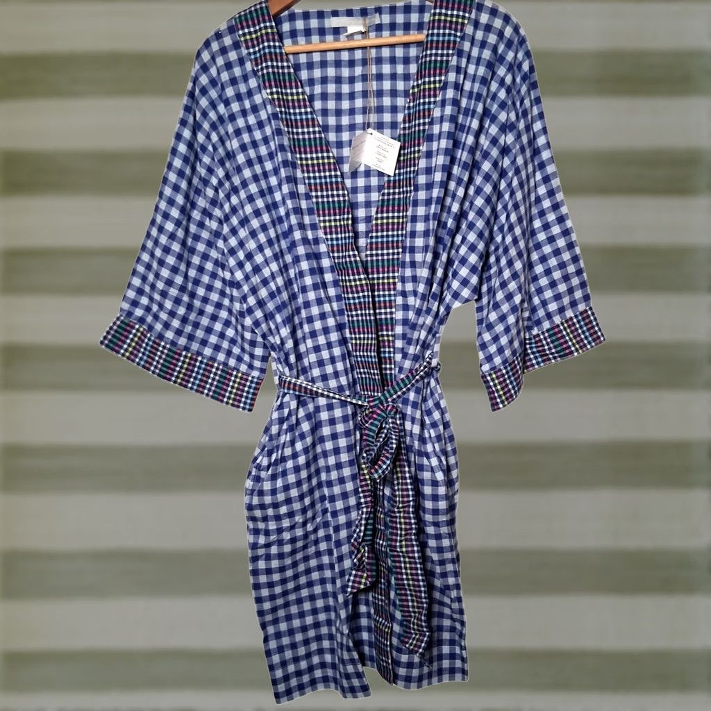 Vintage VINTAGE Noonday Collection Robe L Scrunchie Blue Gingham Check Lightweight Lounge Size ONE SIZE - 1 Thumbnail