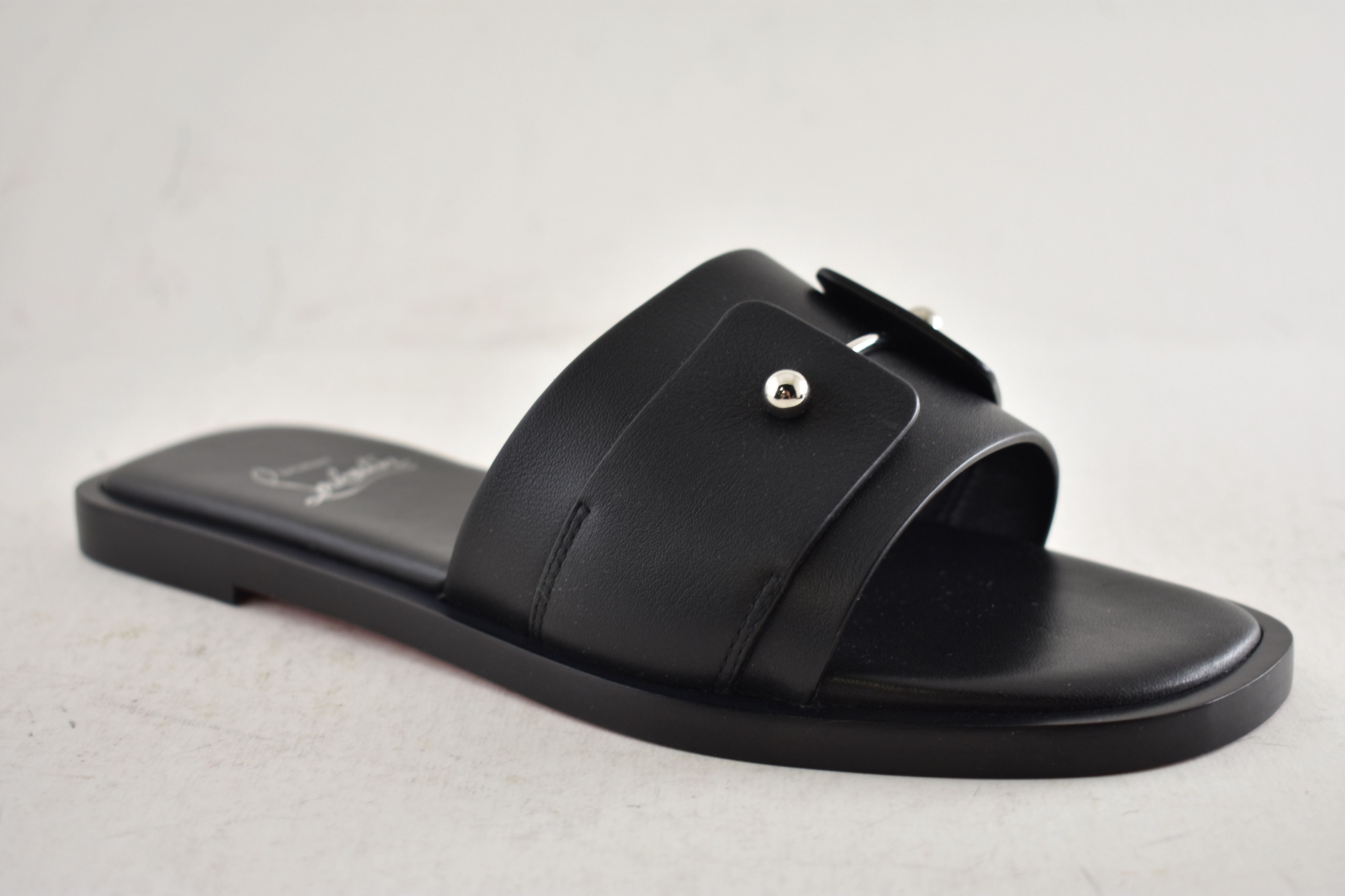 Christian Louboutin Chambelimule Donna Flat Black Calf Leather Slide Sandal 35 Size US 5 / IT 35 - 6 Thumbnail