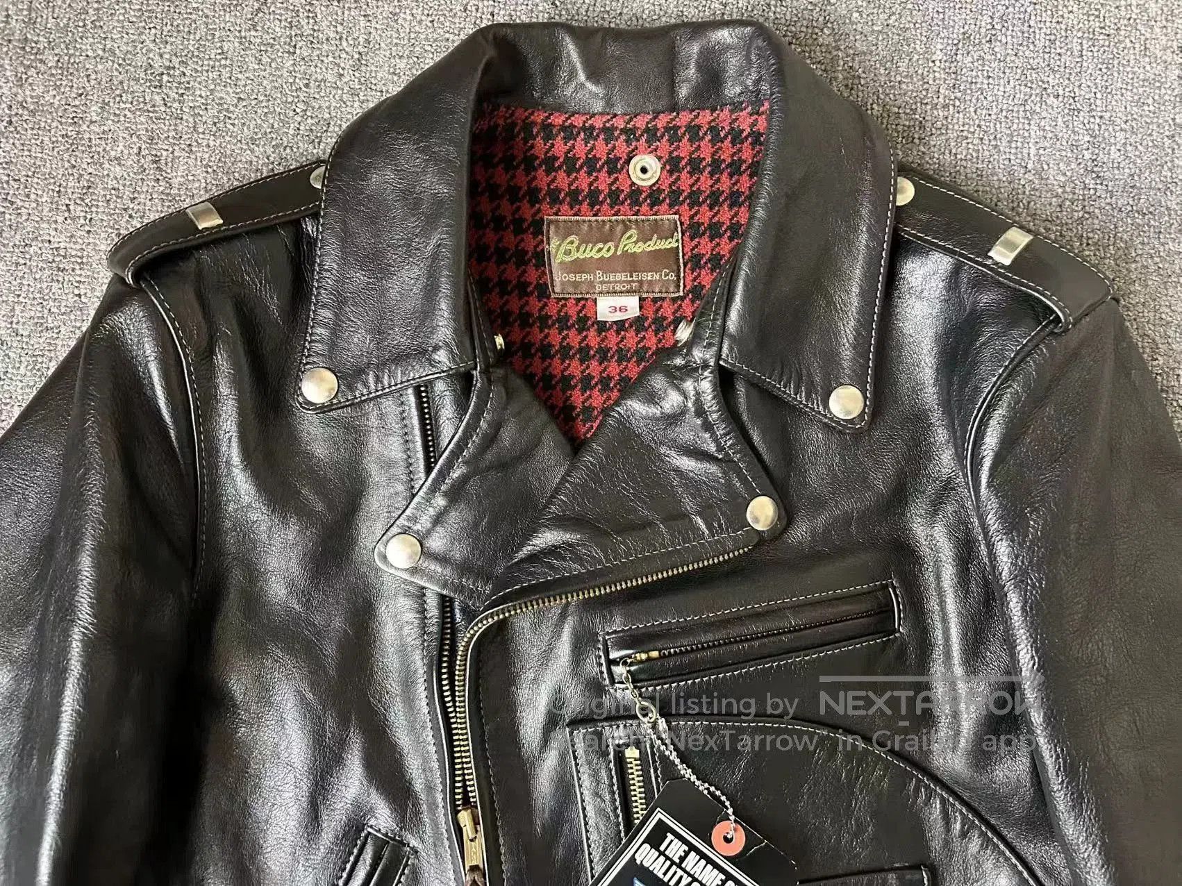 The Real McCoy's black leather motorcycle jacket with houndstooth lining. Size US S / EU 44-46 / 1 - 3 Thumbnail